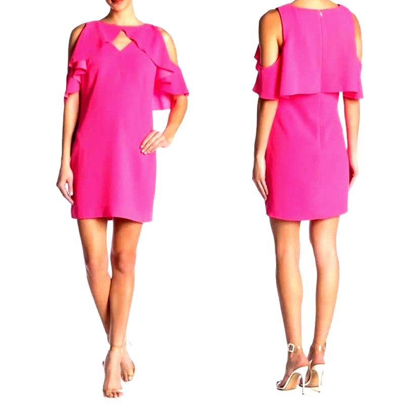 image of Trina Turk 2 Bright Pink Mini Off Shoulder Formal Dress, Women's (Size XS)