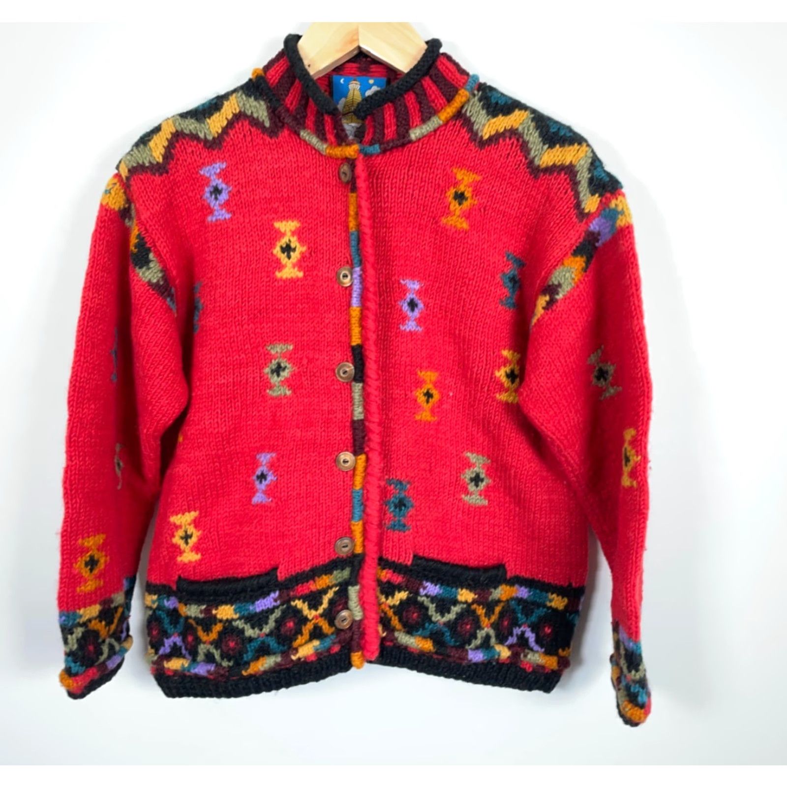 Vintage VINTAGE Icelandic Design Cardigan Women’s Small/Medium Red Geometric Knit Wool Crew Neck Long Sleeve Size M / US 6-8 / IT 42-44 - 2 Thumbnail