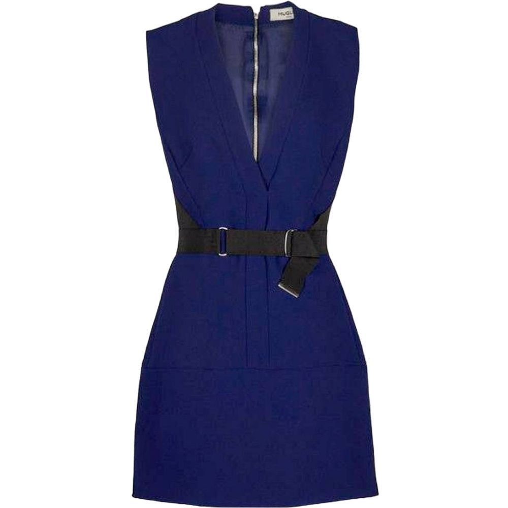 image of Mugler Deep Blue Bonded Tailor Structured A Line Belted Dres, Women's (Size Small)