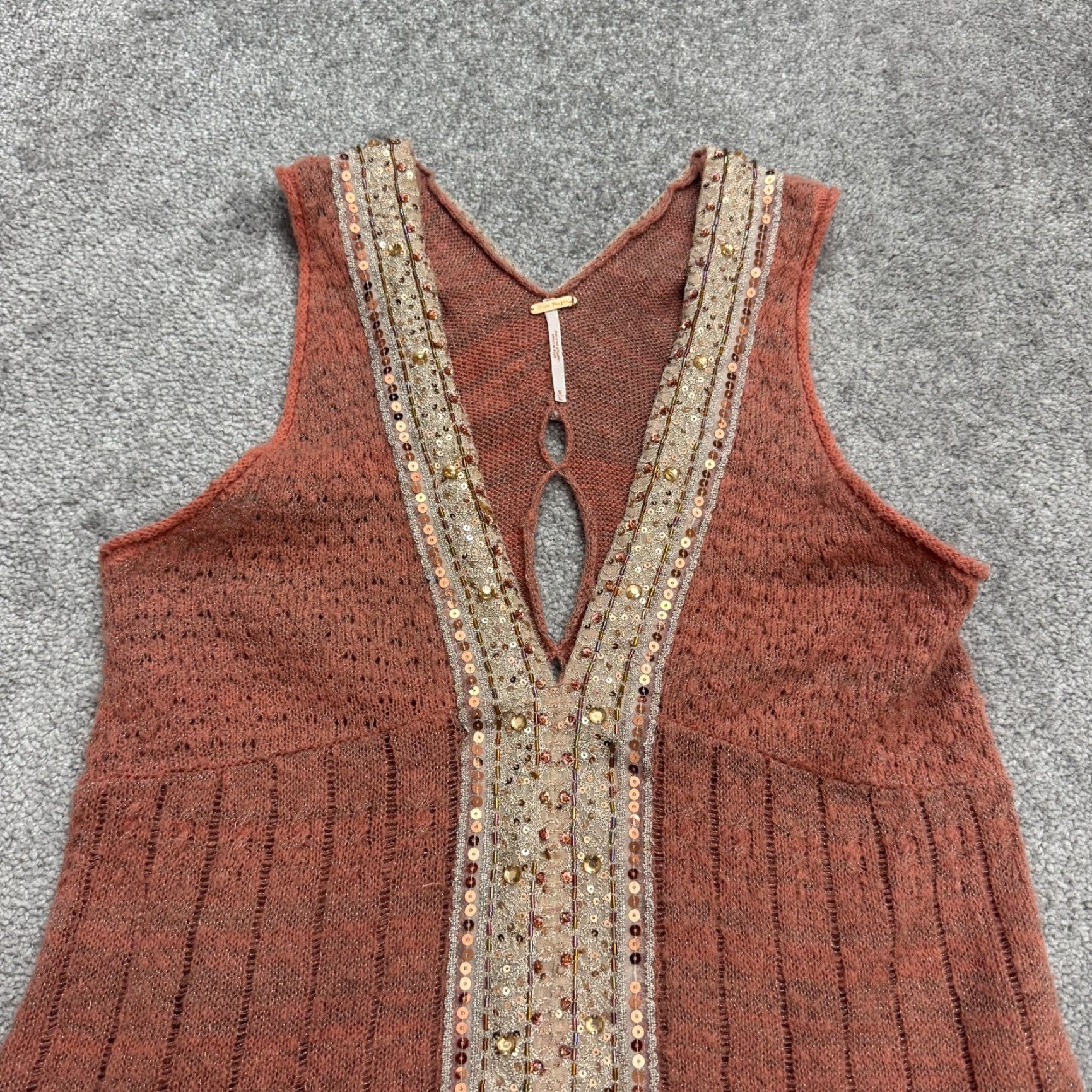 Free People Free People Metallic Knit Sequin Beaded Mini Dress Womens Medium Brown V-Neck Size M / US 6-8 / IT 42-44 - 4 Thumbnail