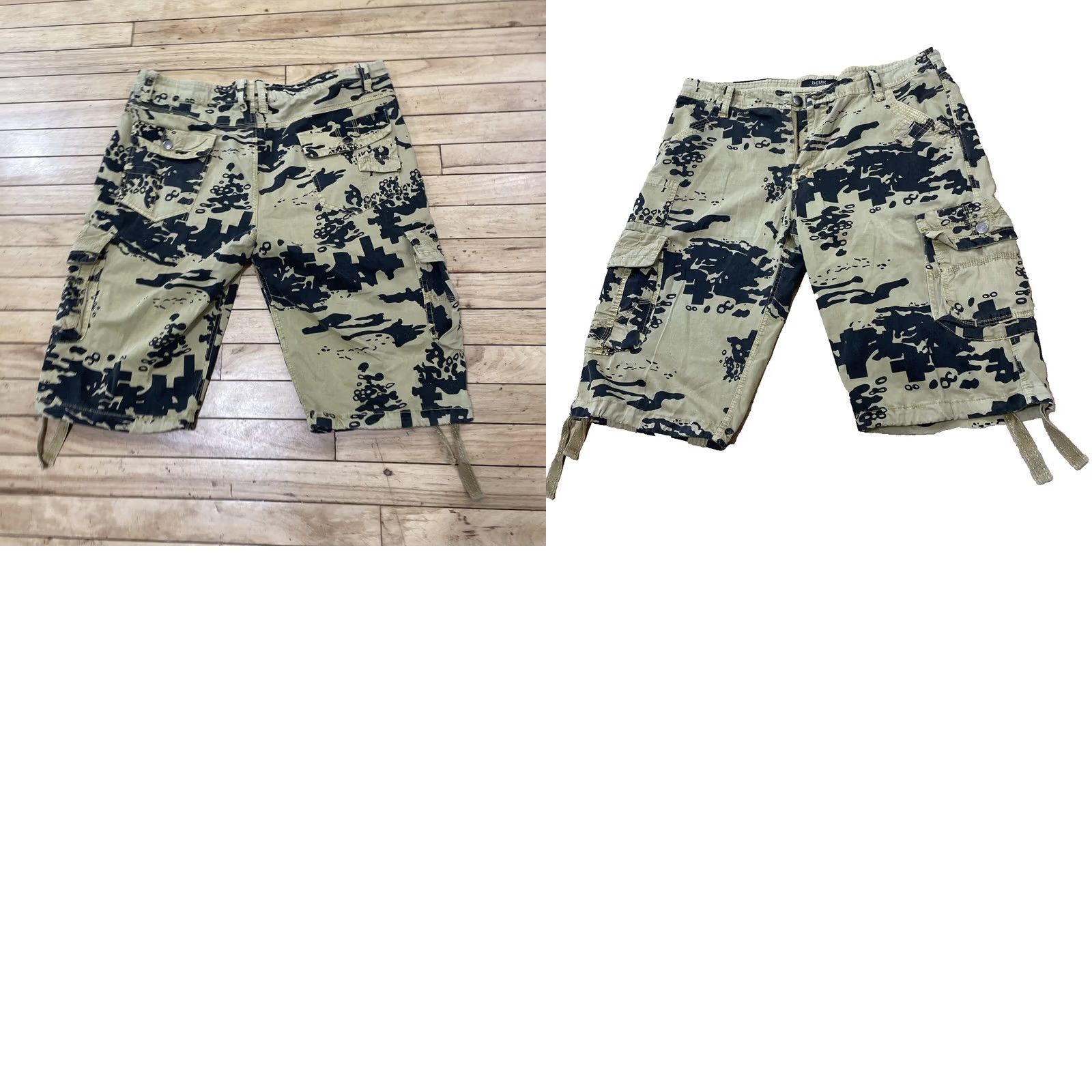 Vintage dcuk Cargo Shorts Mens 34 Black Gold Tan Bitblock Lightweight Bermuda 13in Camouflage 90s Hip Casual Travel Workwear Mens Size US 35 - 11 Thumbnail