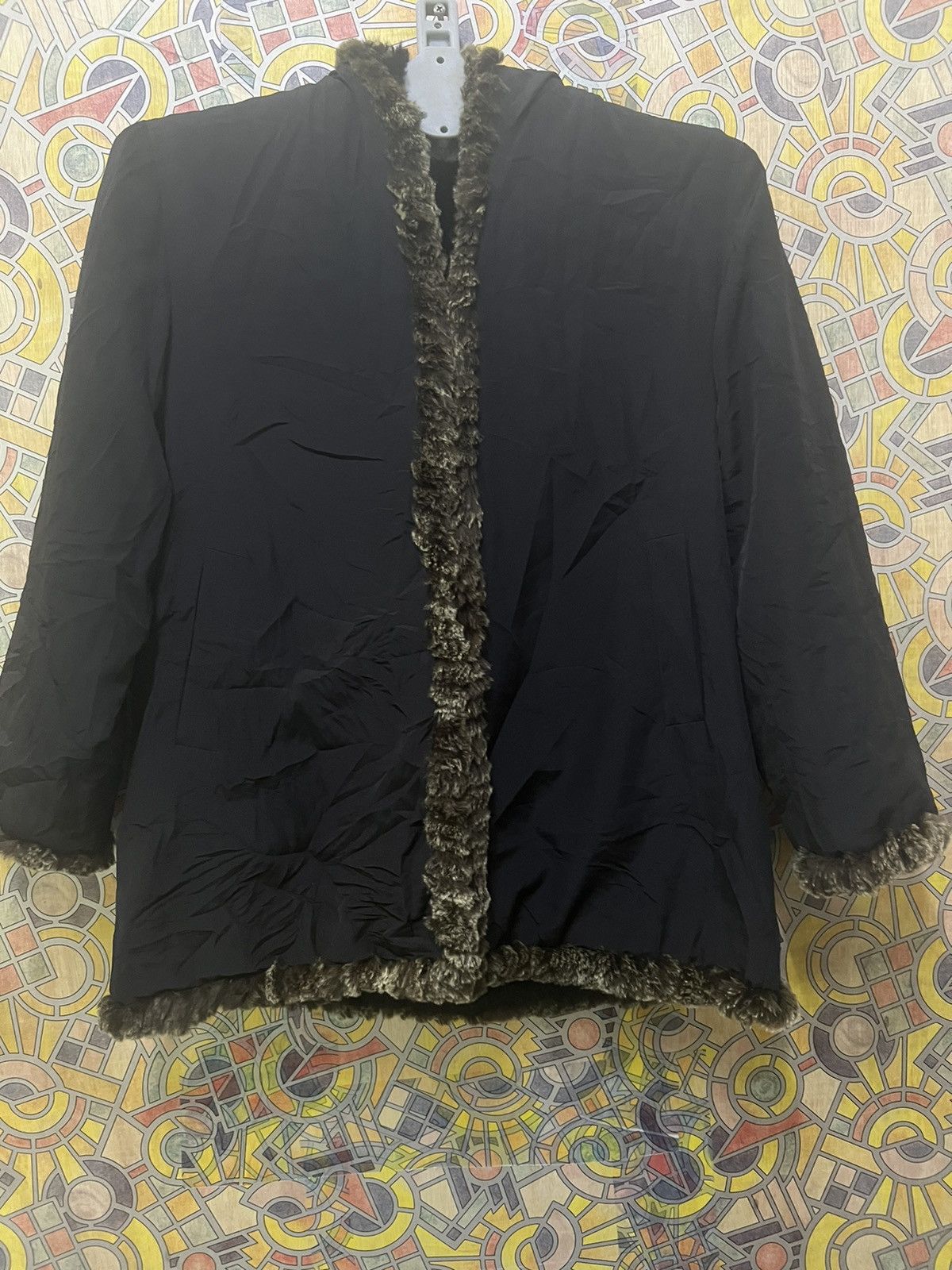 Leather Furugi USED vintage 100% silk rabbit fur reversible jacket Size US L / EU 52-54 / 3 - 13 Thumbnail