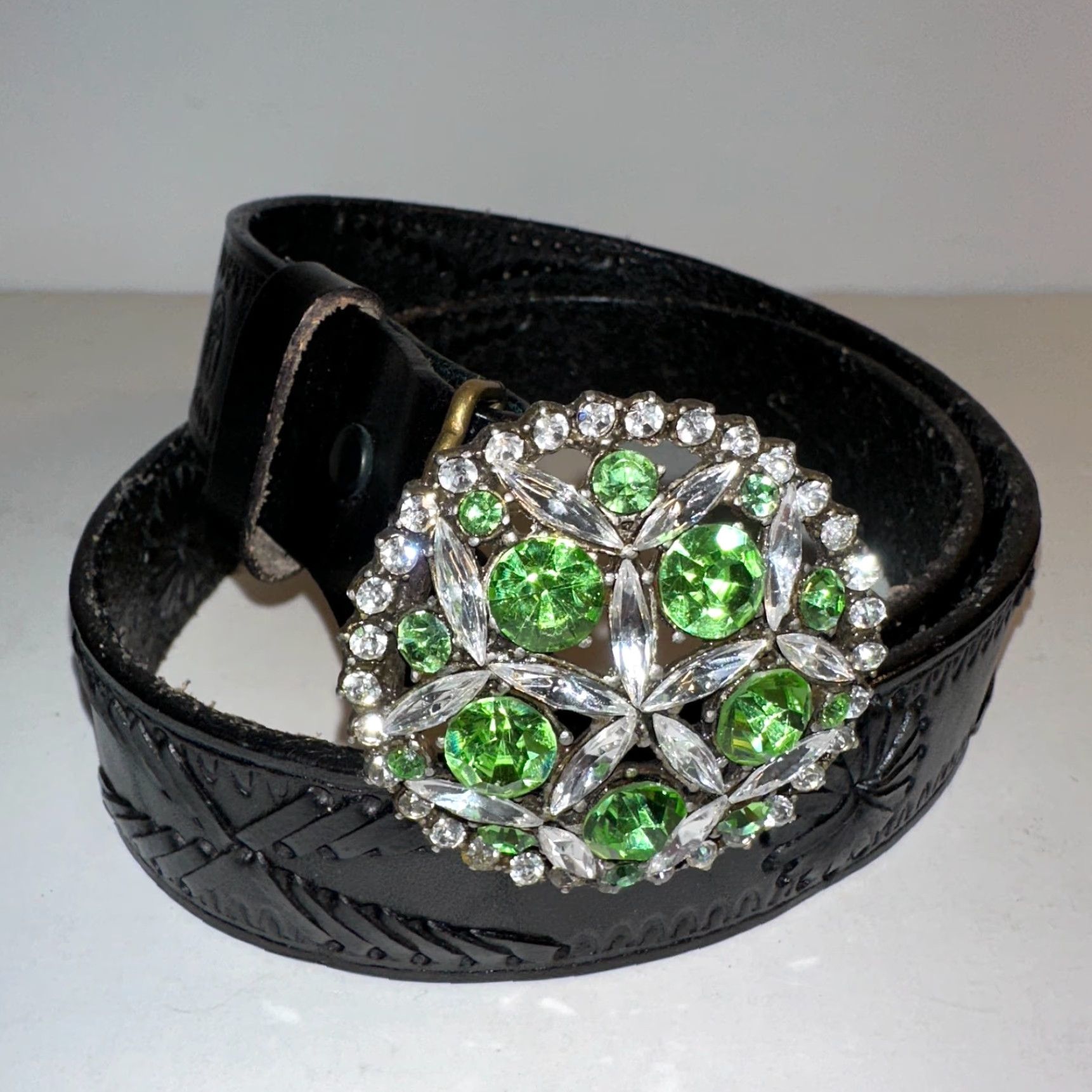 Vintage B-Low The Belt Belt Women Black Leather Rhinestone Embossed Boho 34 Black Leather Rhinestone Buckle Adjustable Belt Womens 34-35 in Regular XS Size ONE SIZE - 2 Thumbnail