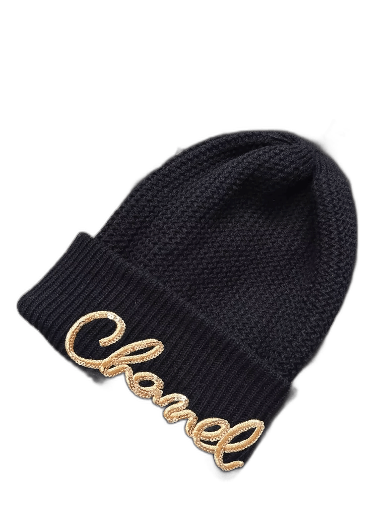 Chanel Chanel Black Knit Beanie with Gold Logo Size ONE SIZE - 1 Thumbnail