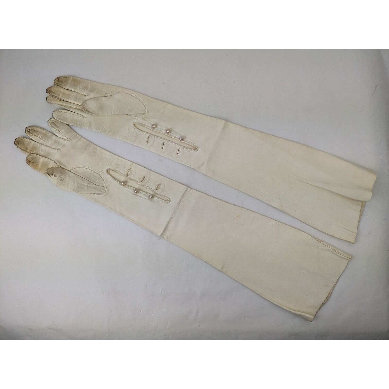 Other Vtg L Bamberger Kid Leather 21.5" Length Gloves Pearl ITALY Size ONE SIZE - 1 Thumbnail