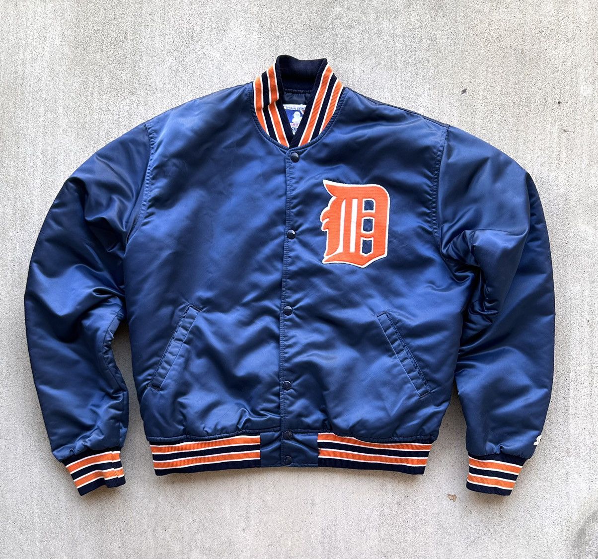 image of Mlb x Starter Vintage Starter Satin Jacket Detroit Tigers Made In Usa in Navy, Men's (Size Large)