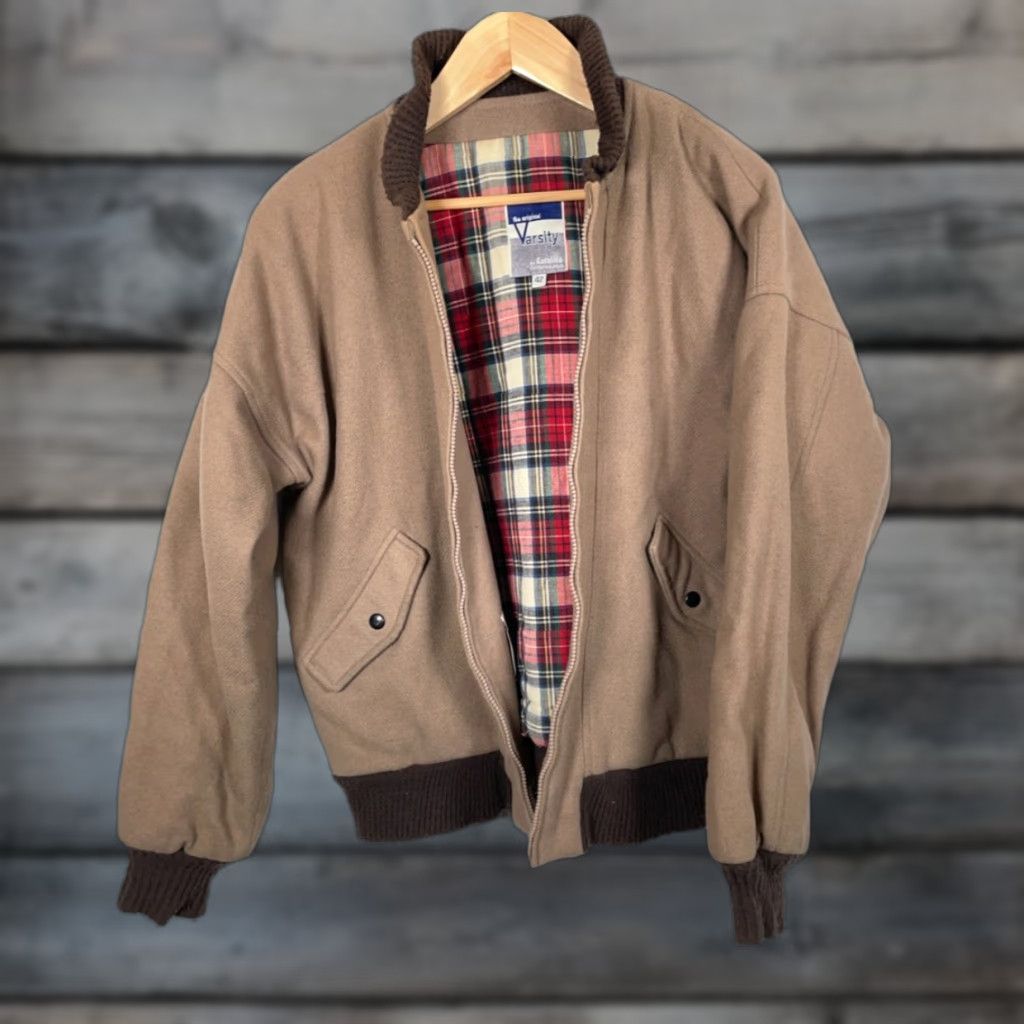 VINTAGE Catalina Bomber Jacket Men's 42 Brown Plaid Casual Zip Up 80s Preppy Retro