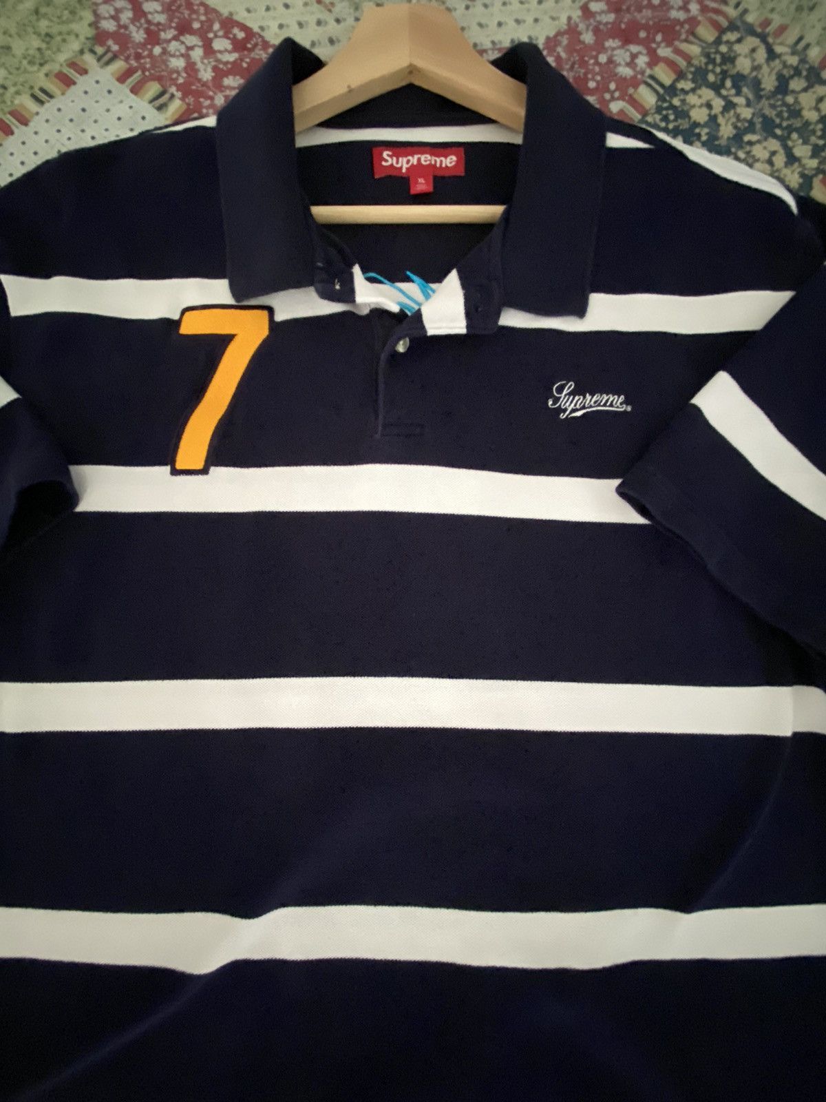 Supreme Supreme Cursive Polo Navy Blue Striped | Grailed