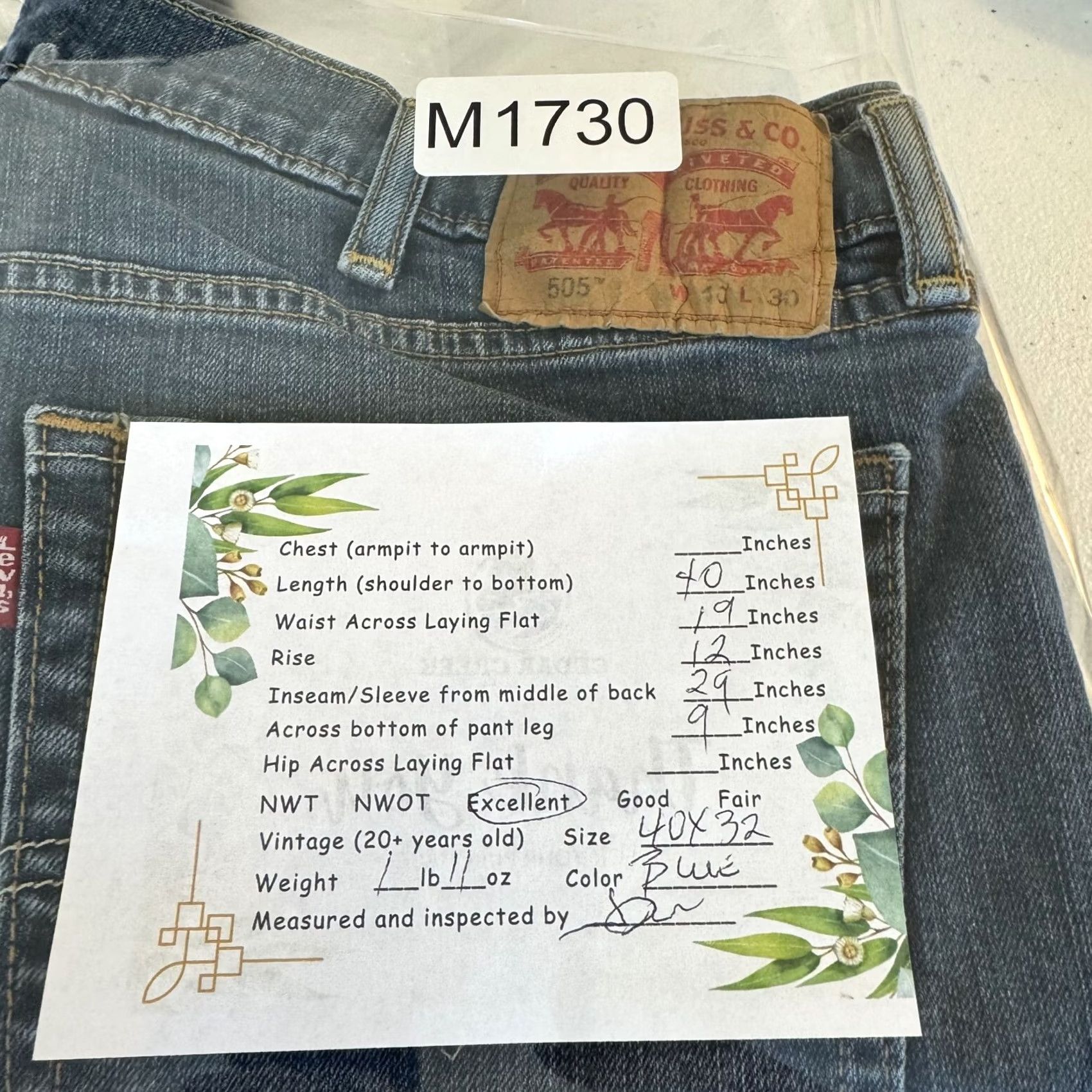 Levi's Levi's 505 Jeans Blue Denim Stretch Regular Fit Straight Leg 40 X 32 Mens M1730 Size US 40 / EU 56 - 8 Thumbnail