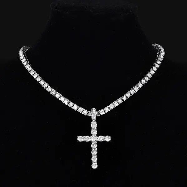 Jewelry Hip Hop Cross Pendant Necklace With 4mm Zircon Tennis Chain Size ONE SIZE - 1 Thumbnail