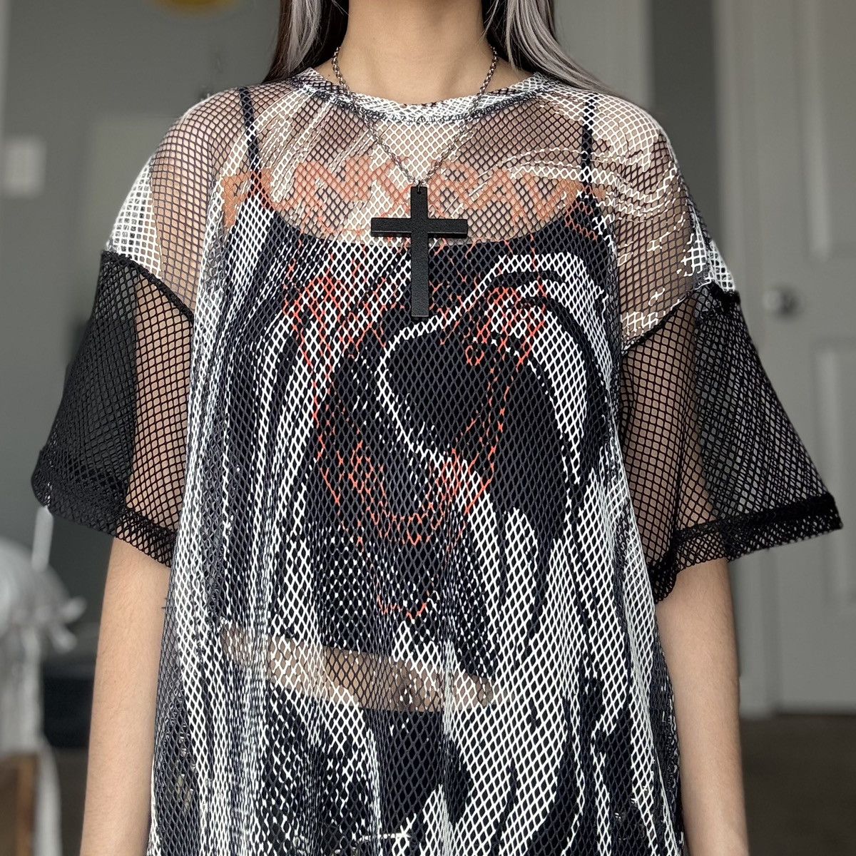 Other Punk Rave Unisex Mesh Graphic Black & White T-Shirt Size M / US 6-8 / IT 42-44 - 5 Thumbnail