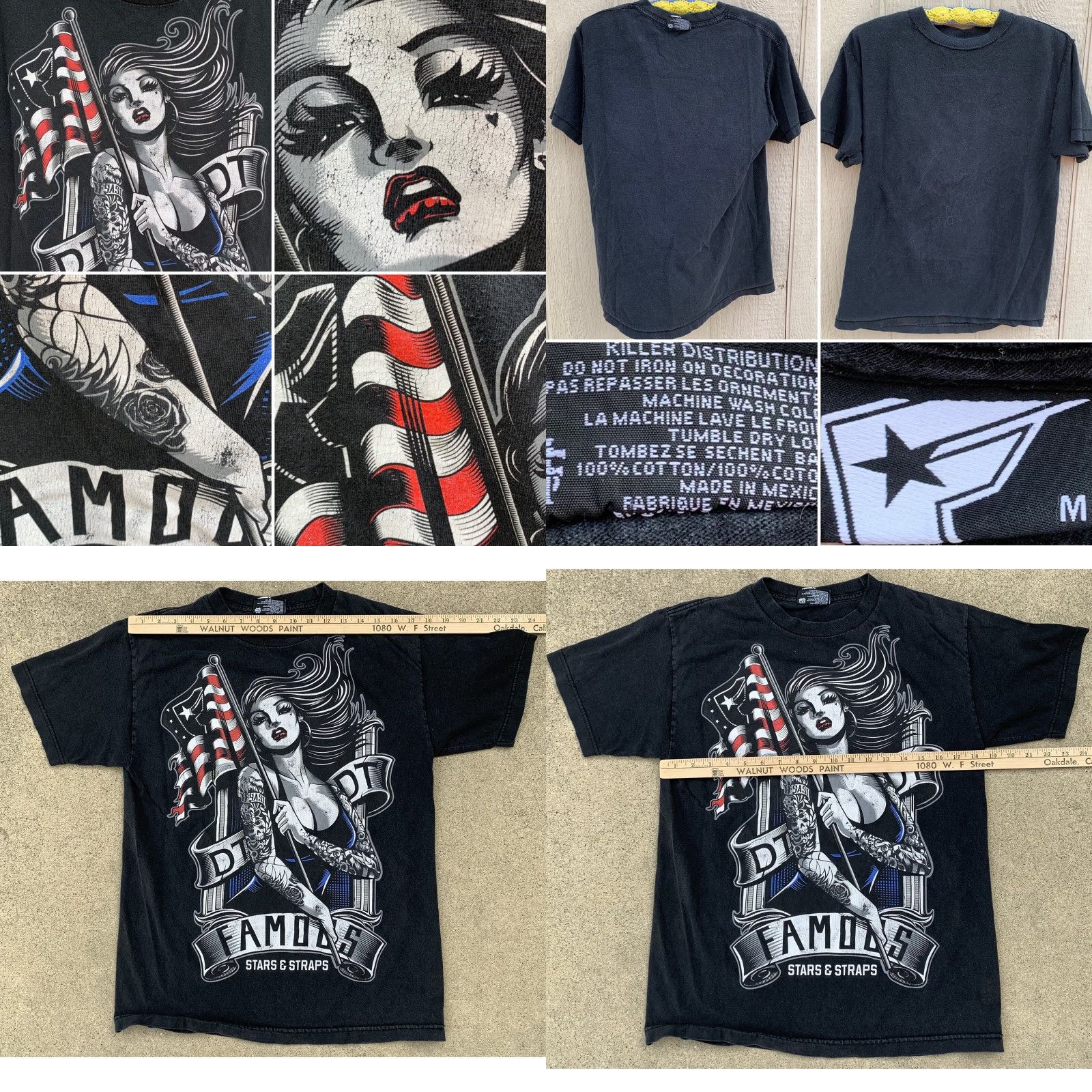 Vintage Famous Stars & Straps T-Shirt M Black Cotton Graphic Print Tattooed Woman Flag American Tattooed Woman Lady Female 1990s 80s? Size US M / EU 48-50 / 2 - 8 Thumbnail