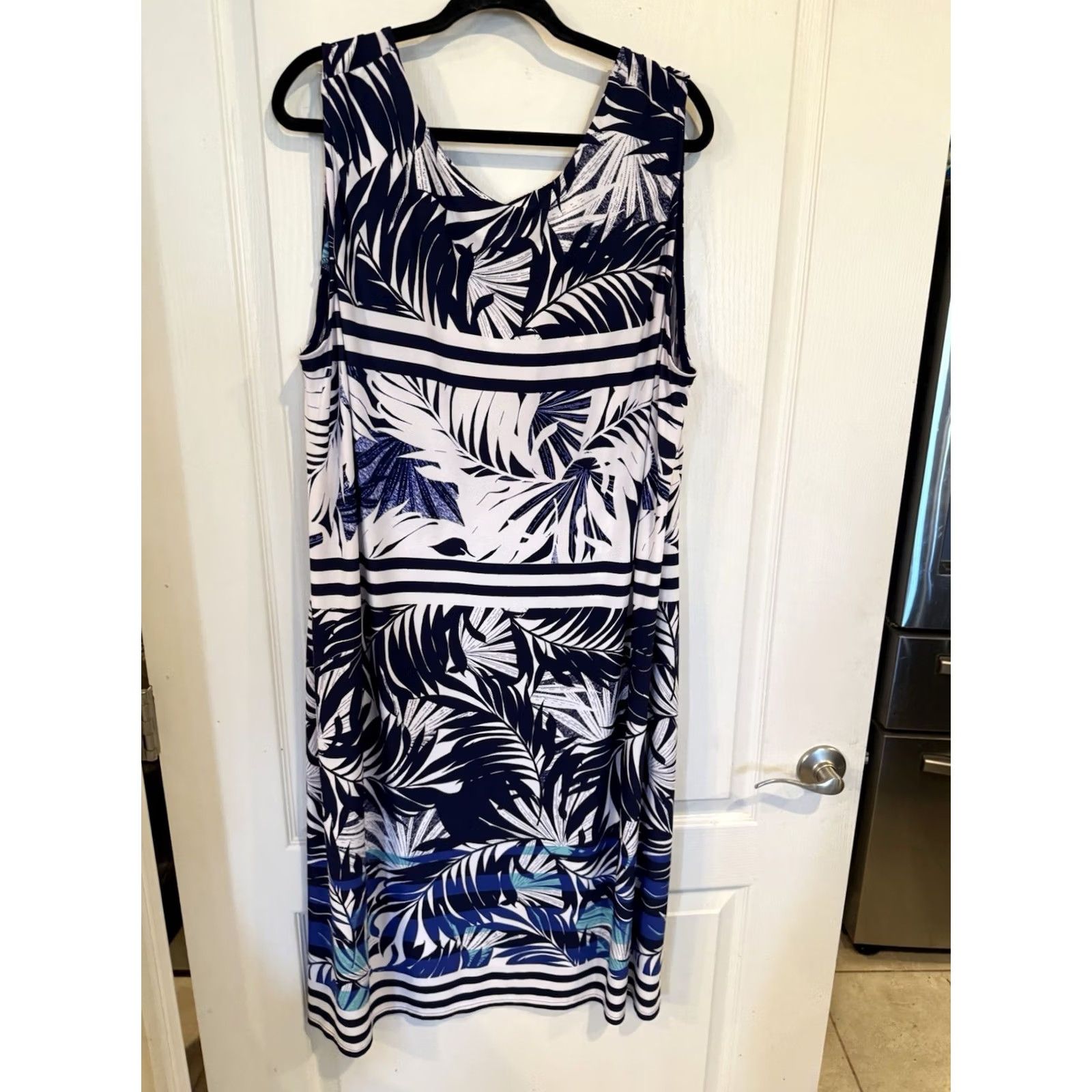 Vintage Catherine's Tropical Palm Print Sleeveless Midi Dress White Aqua Blue 3X Womens Plus Size A-Line Shift Size XXL / US 16-18 / IT 52-54 - 6 Thumbnail