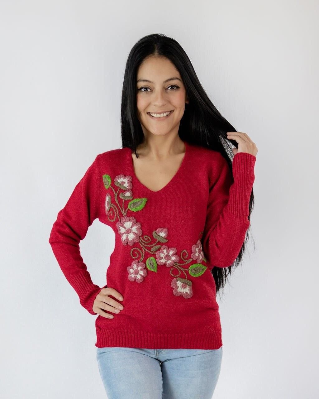 Red Sweater With Pink Flowers. Hand Embroidered, Women's