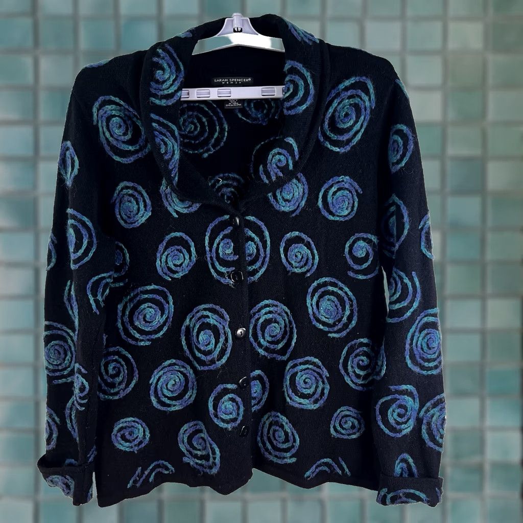 Vintage VTG Sarah Spencer Geometric Art Cardigan Wool Nylon Black Womens 1X Knit V-Neck Long Sleeve Embroidered Geometric Pattern Vintage Cardigan Size XL / US 12-14 / IT 48-50 - 1 Thumbnail