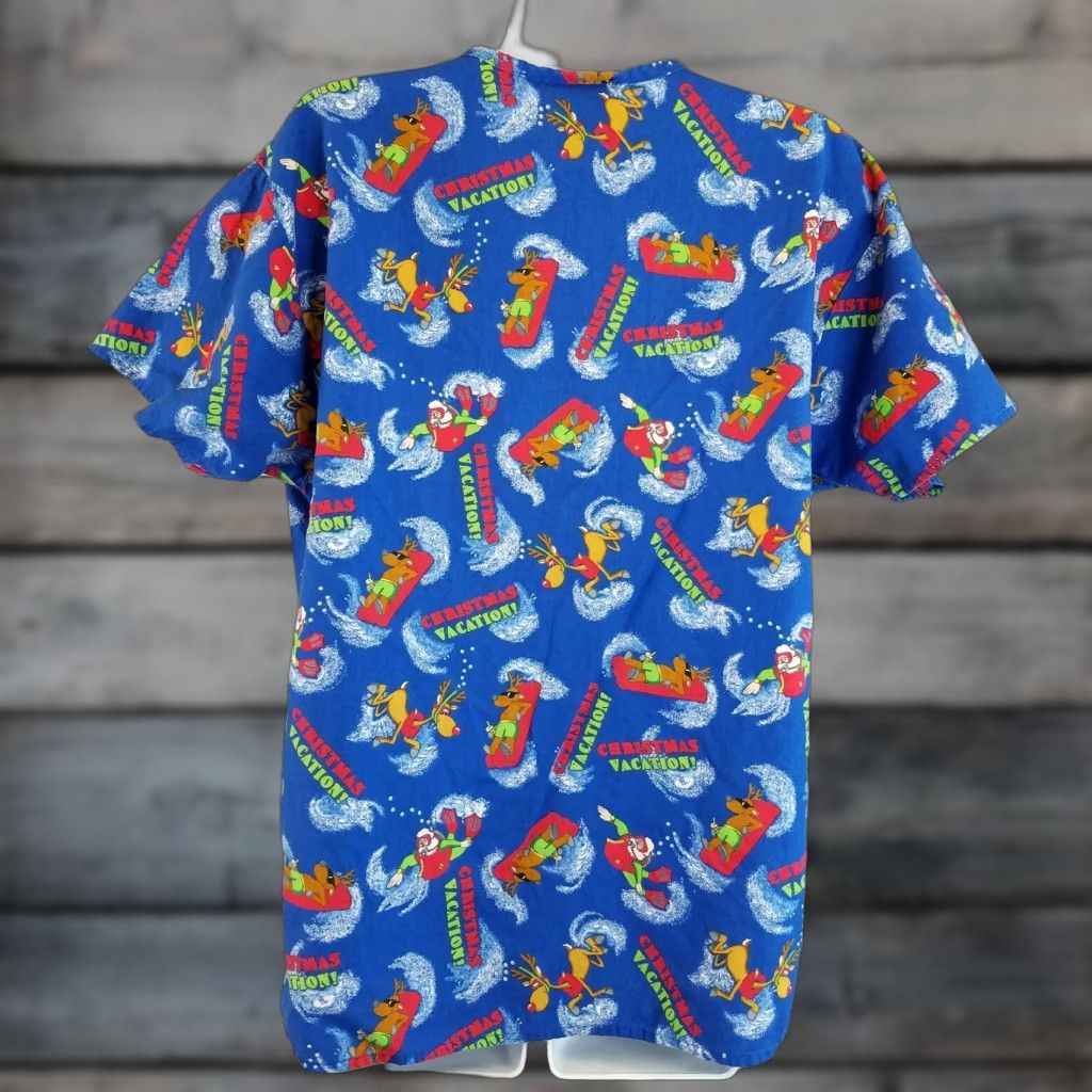 Vintage Comfy Cotton Scrubs Womens Top Sz S Santa Reindeer Blue Red Patterned 100% Cotton Shirt Womens Christmas Menusn’t Size S / US 4 / IT 40 - 1 Thumbnail