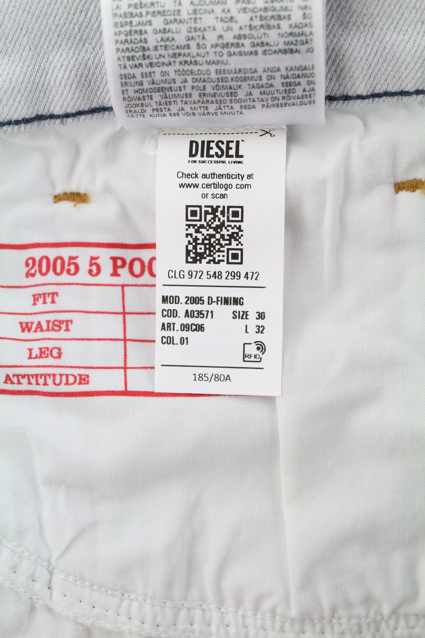 Diesel 2005 D-FINING 09C06 W30/L32 Tapered 40417 Size US 30 / EU 46 - 11 Thumbnail