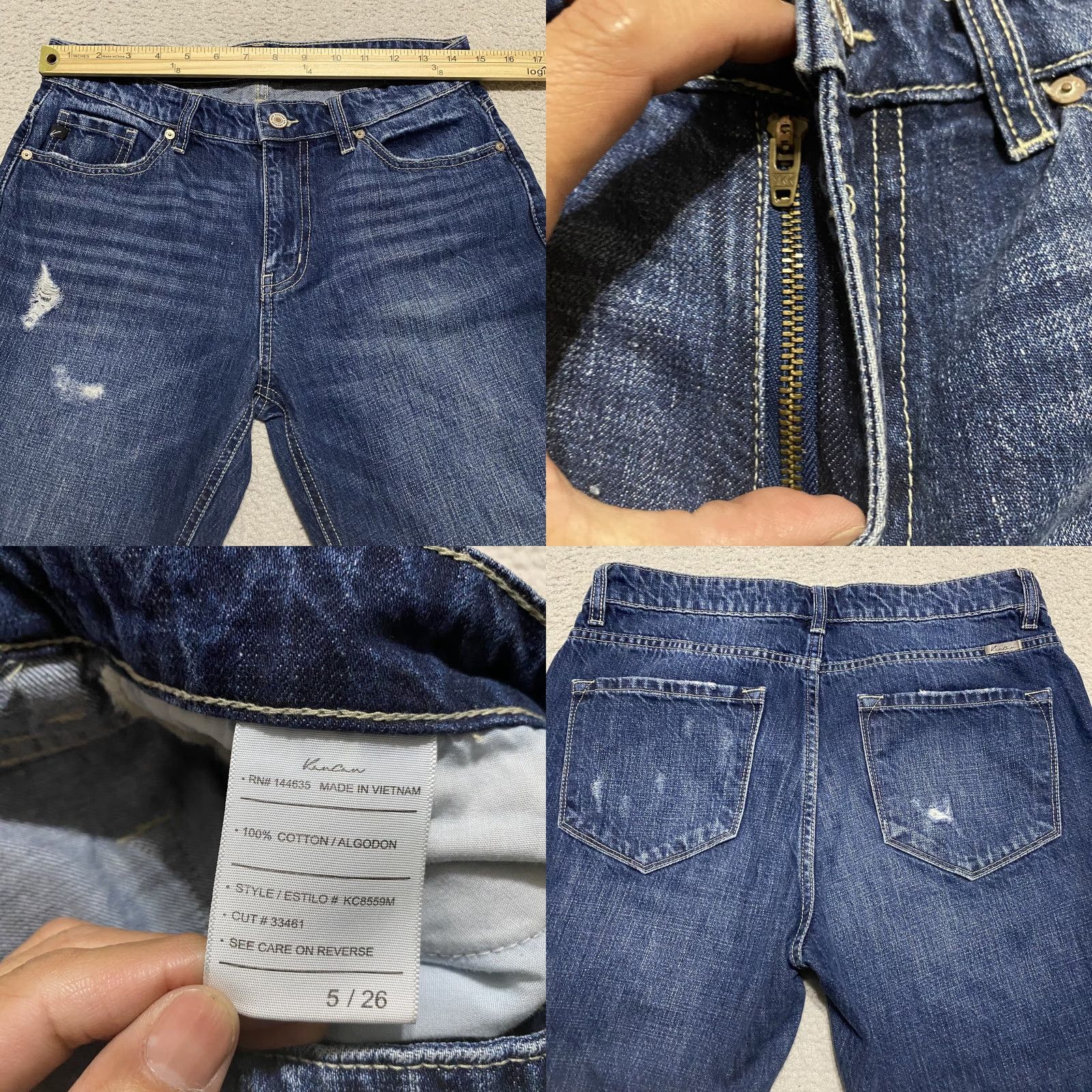 Vintage KanCan Jeans Womens Jeans Distressed Straight Mid Rise Dark Wash Blue Denim 5 Juniors Regular 29in Inseam 28in Button Zip Pockets Logo Fringe Size 27" / US 4 / IT 40 - 8 Thumbnail