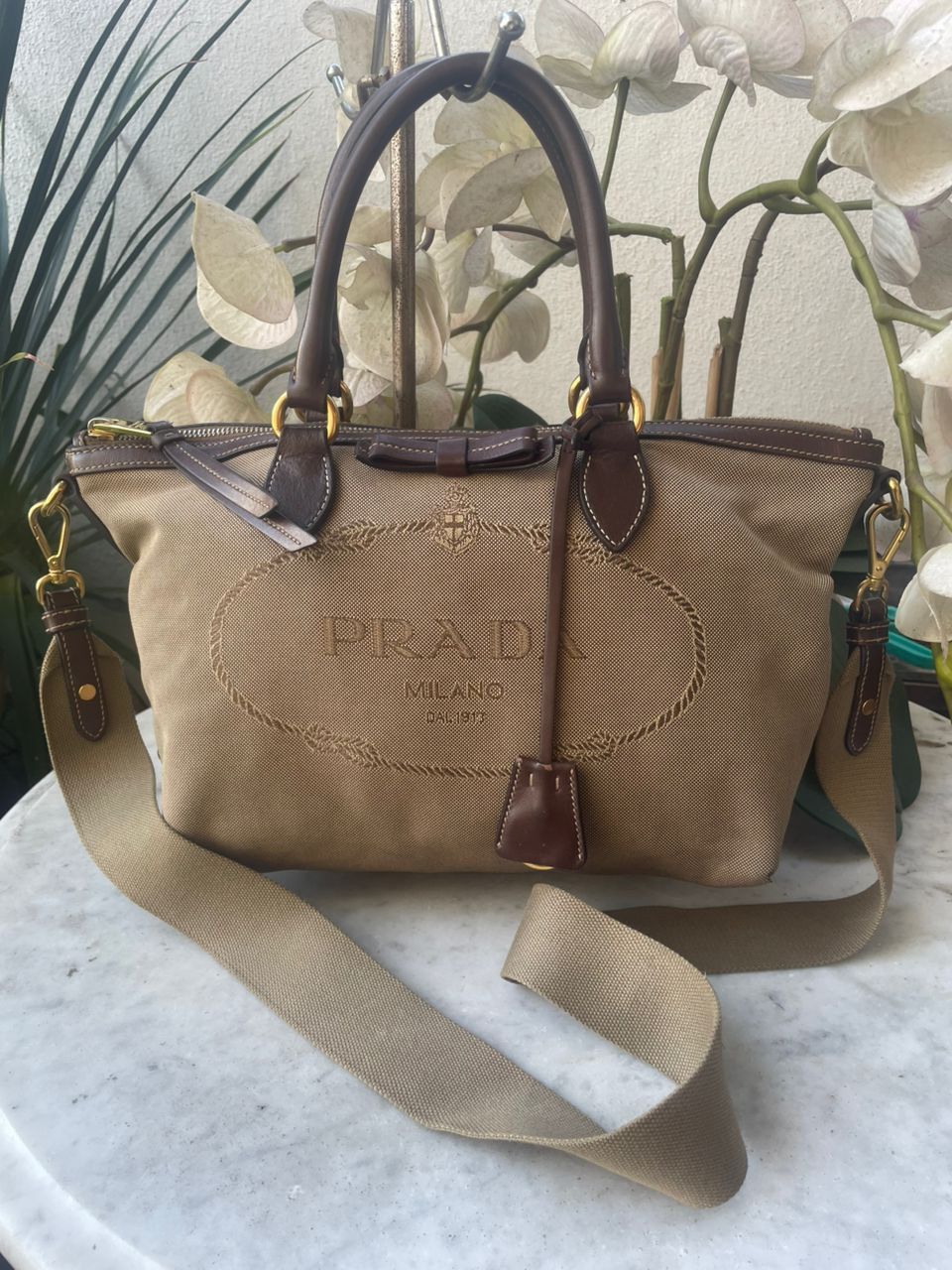Prada Authentic PRADA Logo Jacquard 2way Tote Bag Canvas