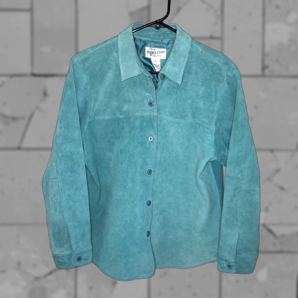 Pendleton Pendleton 100% Leather Shirt Womens L Blue Button-Up Long Sleeve Collared Teal Leather Shirt Womens L Blue Wood? Size L / US 10 / IT 46 - 1 Thumbnail