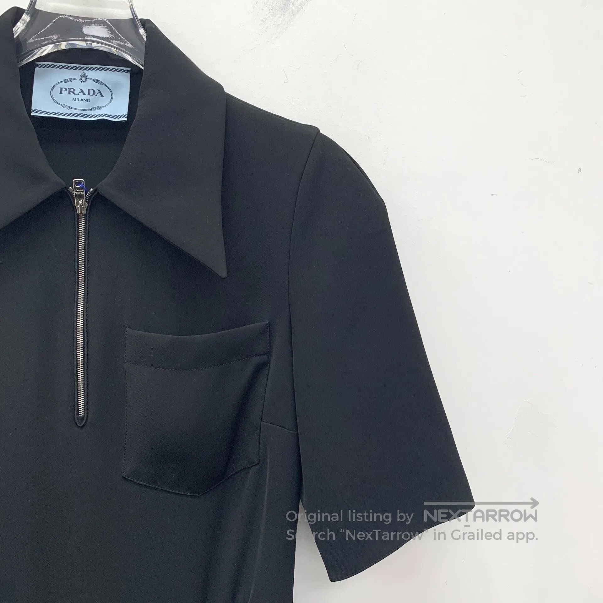 Prada Prada Black Triangle Logo Pleated Collar Semi-Zip Short Sl Size XS / US 0-2 / IT 36-38 - 3 Thumbnail