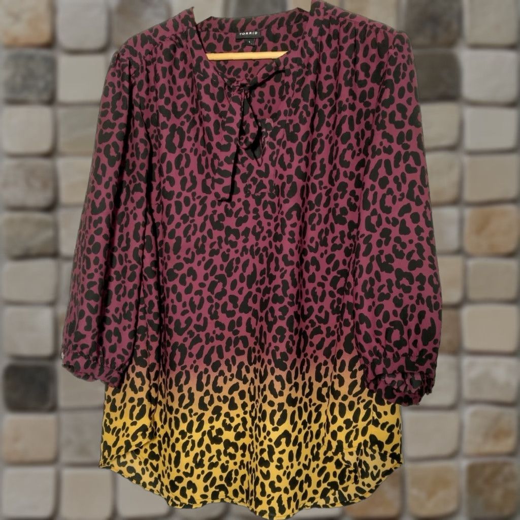 Torrid Torrid Blouse Leopard Cat Print Tie Neck Balloon Sleeve Plus Size 1 Multicolor Crepe Polyester Women Shirt Size XS / US 0-2 / IT 36-38 - 1 Thumbnail