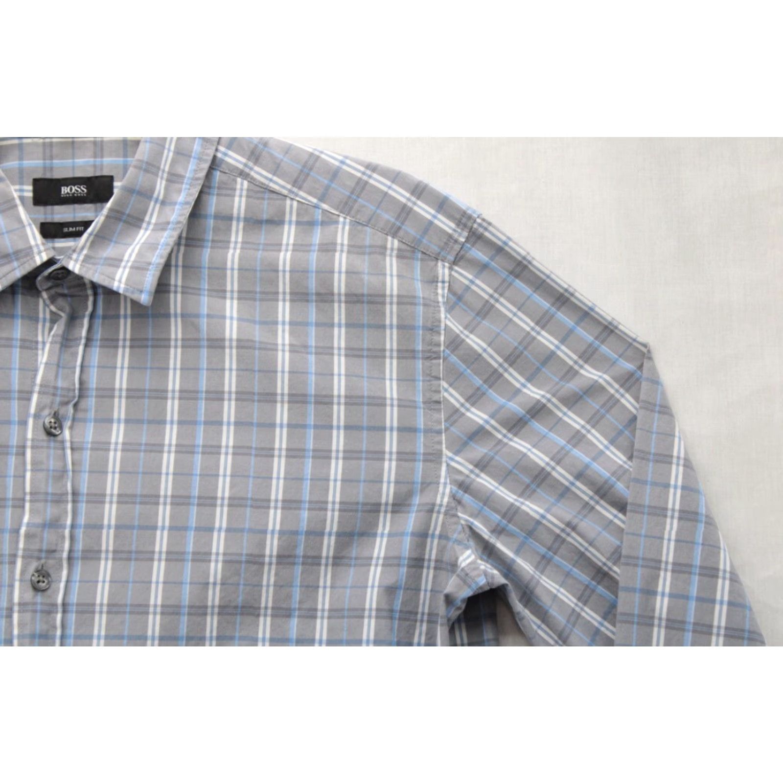 Hugo Boss HUGO BOSS Shirt Men's Large Gray Blue Plaid Slim Fit Cotton Long Sleeve Casual Size US L / EU 52-54 / 3 - 2 Thumbnail