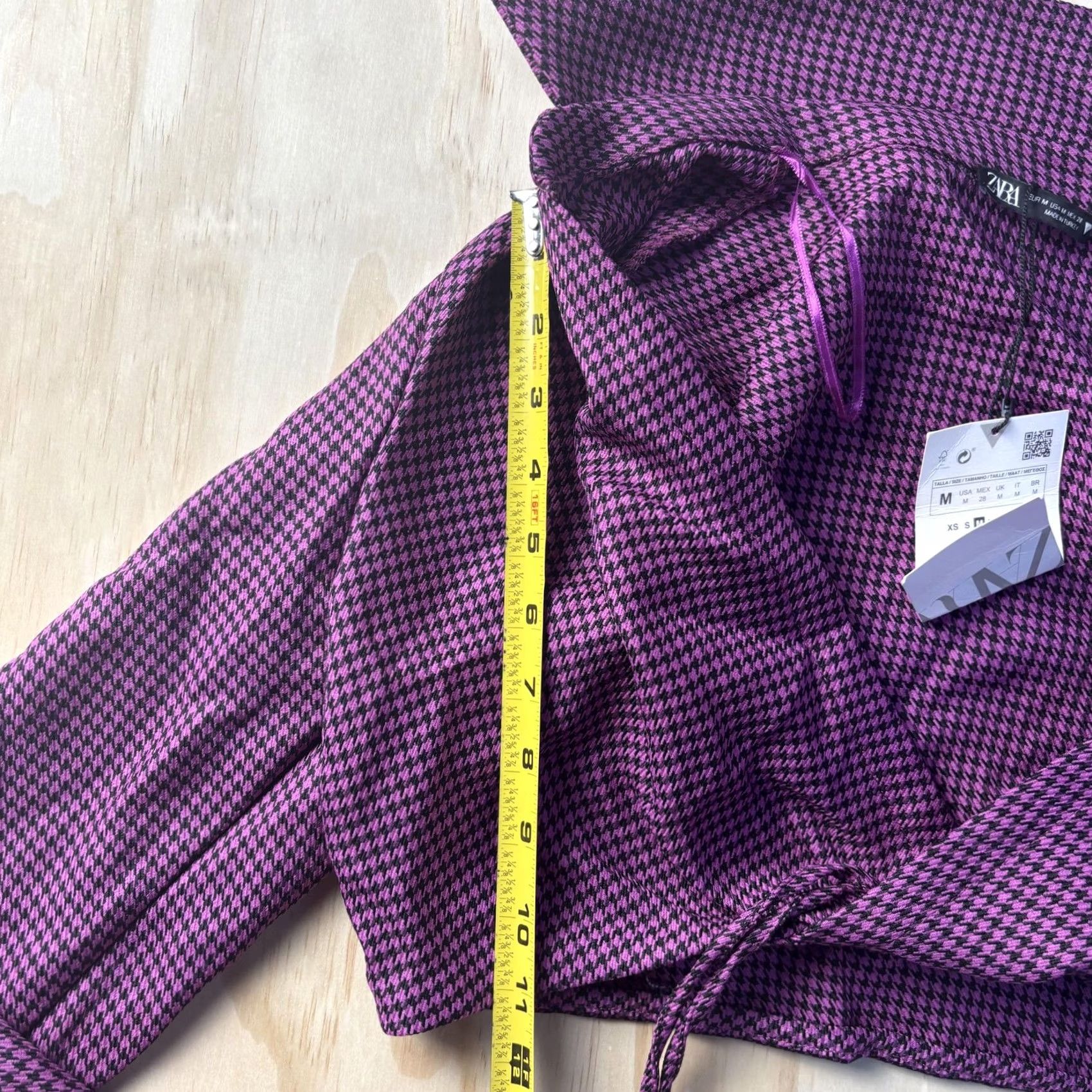 Zara Zara Womens Medium Purple Check Wrap Cropped Long Sleeve V Neck Tie Front Blouse Size M / US 6-8 / IT 42-44 - 3 Thumbnail