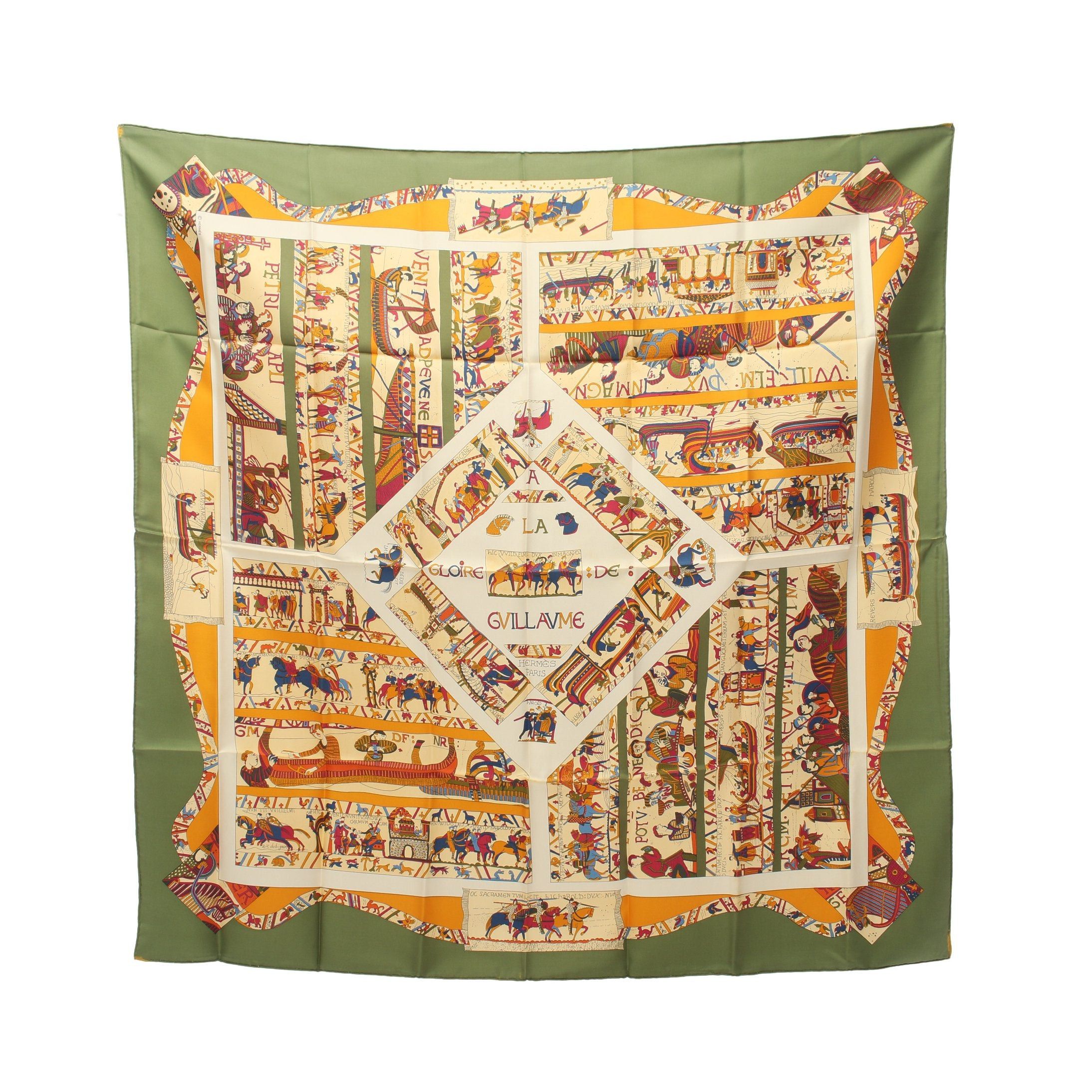 image of Hermes Carres 90 A La Gloire De Gvillavme Scarf Silk Light Beige Green Multicolor, Women's