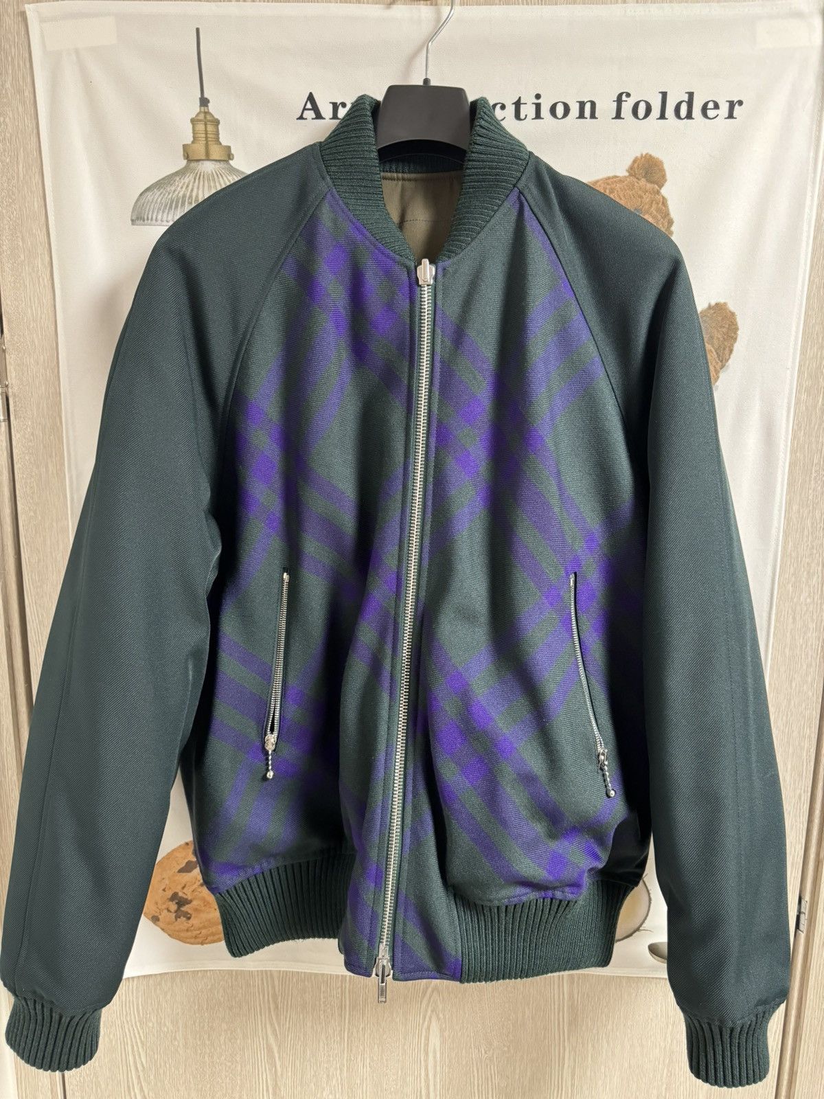 image of Burberry Riversible Check Bomber Jacket in Green, Men's (Size Large)