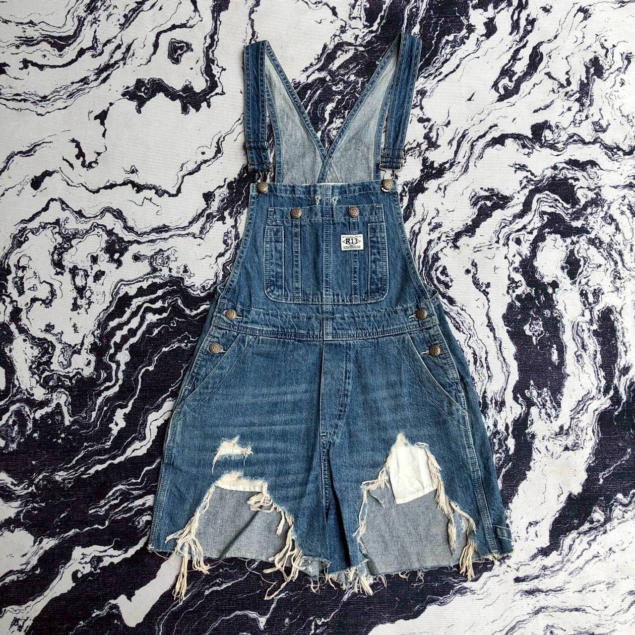 R13 R13 Distressed Denim Shorts Overalls Size 30" / US 8 / IT 44 - 1 Thumbnail