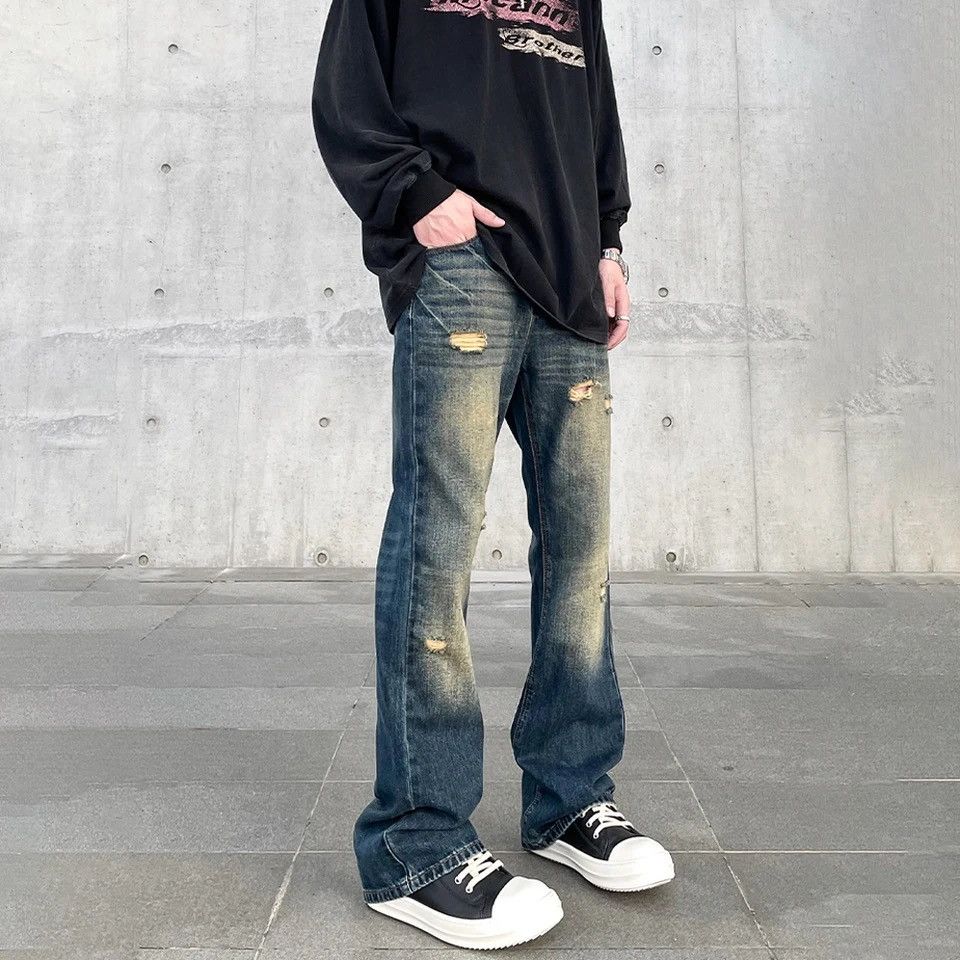 Japanese Brand Vintage Blue Flared Distressed Winter Fit Street Denim Pants Size US 29 - 5 Thumbnail