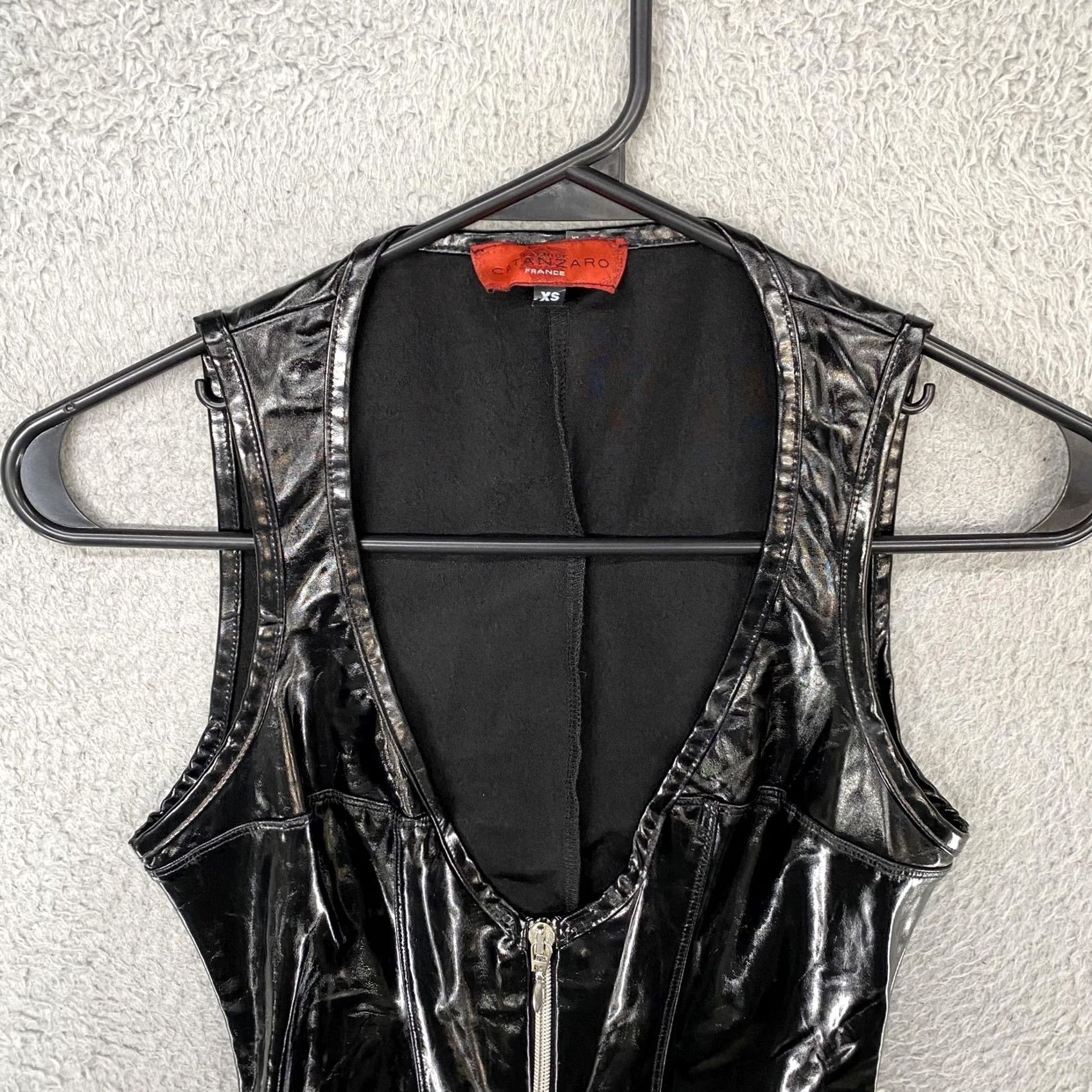 Vintage Patrice Catanzaro Dress Womens XS Black Bodycon Zip Front Sexy Rave Wet Look Size XS / US 0-2 / IT 36-38 - 2 Thumbnail