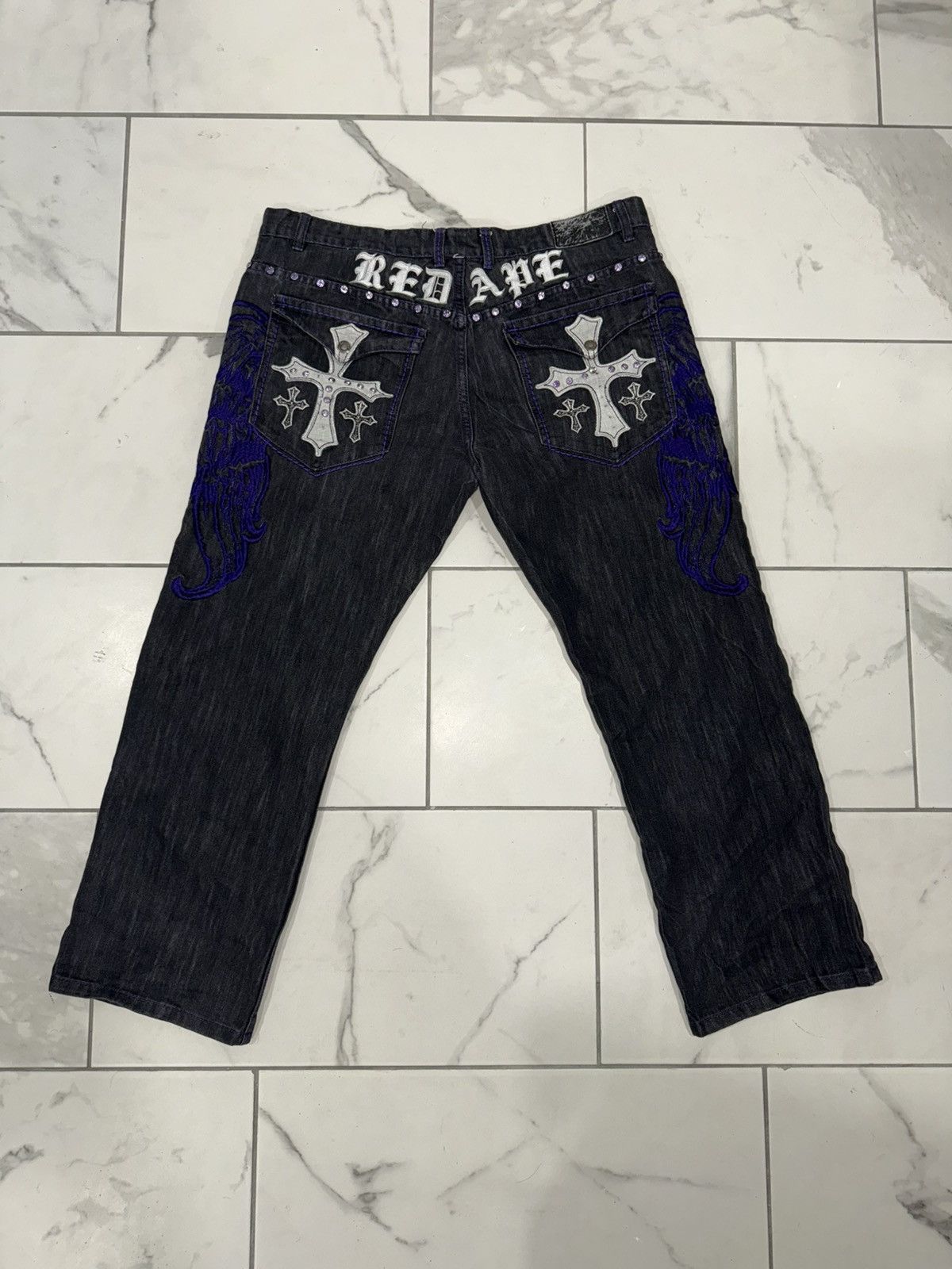 Other Y2K Red Ape Cross Embroidered Baggy Jeans Size US 42 / EU 58 - 1 Thumbnail