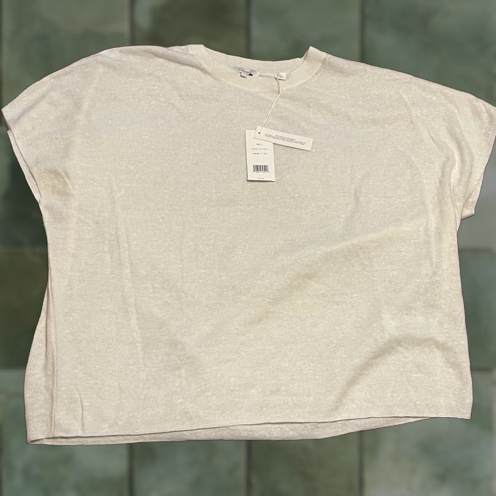 Vince Knit Top Blouse Women XL Cream Cashmere Linen Blend Short Sleeve New With Tags