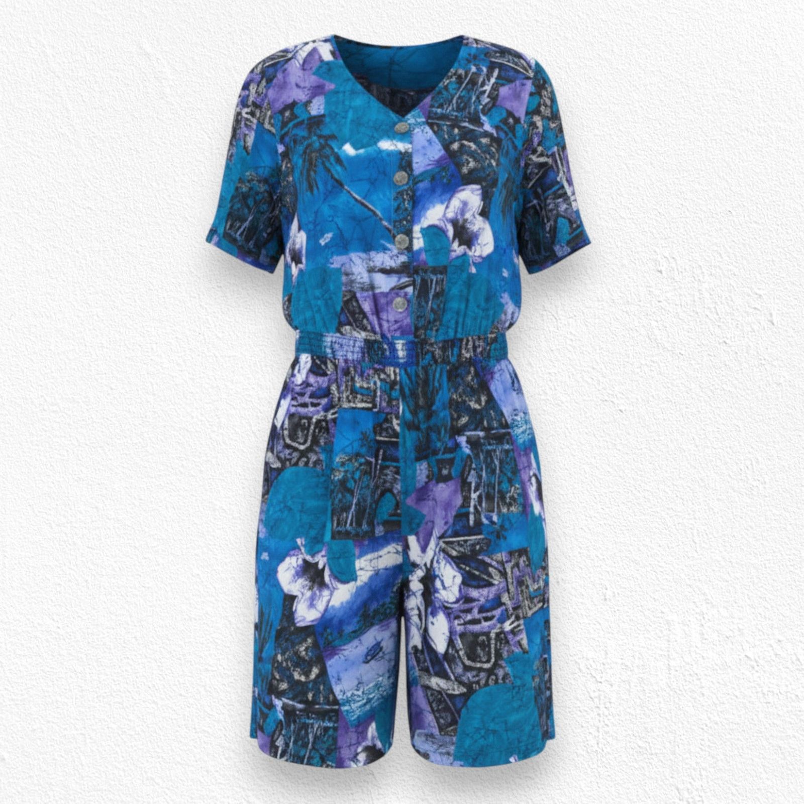 Vintage 80s Black Blue Bold Tropical Print Romper Size 1X Size 40" / US 18 - 1 Thumbnail