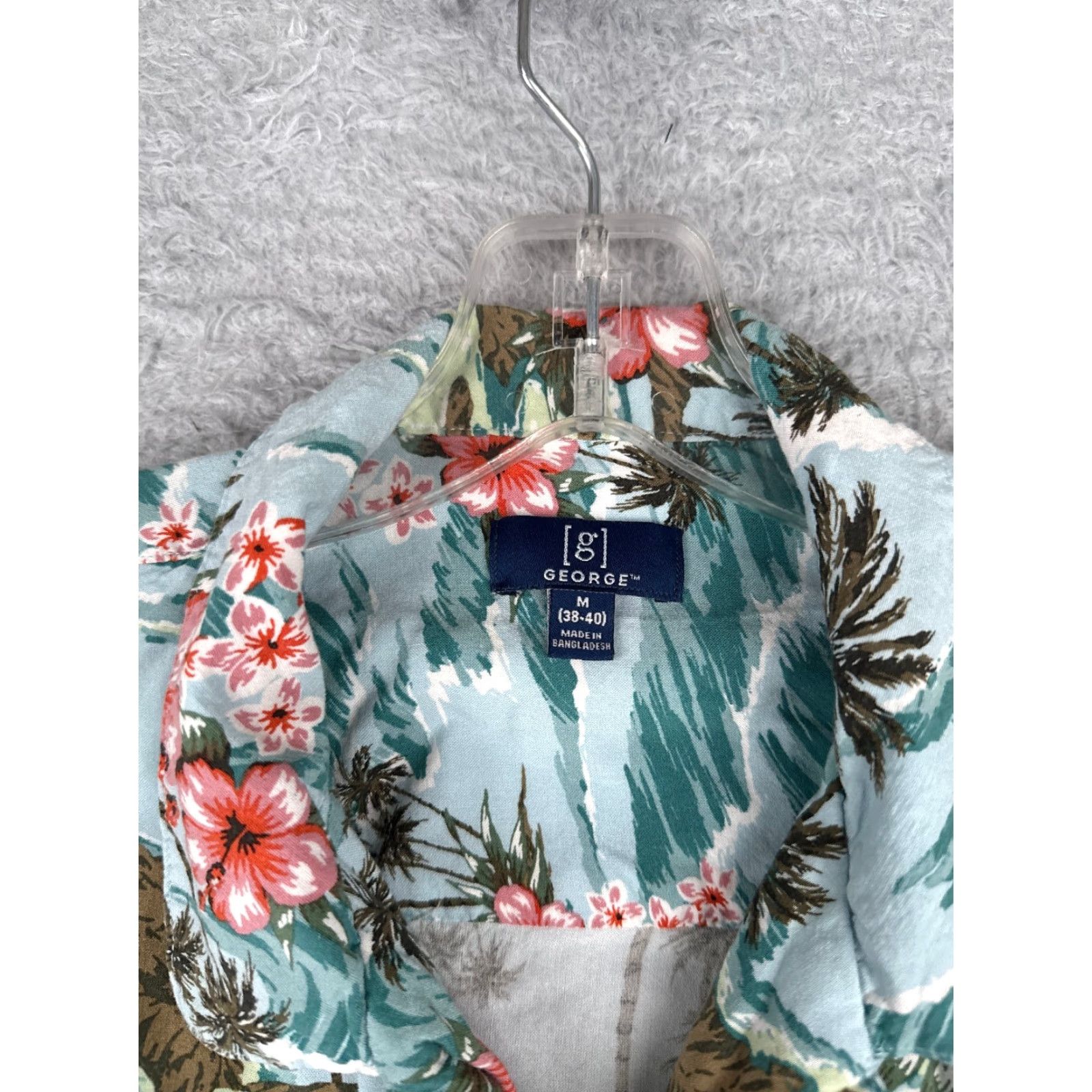 George George Men's Shirt Medium Blue Pink Floral Hibiscus Button-Up 100% Rayon Hawaiian Size US M / EU 48-50 / 2 - 7 Thumbnail