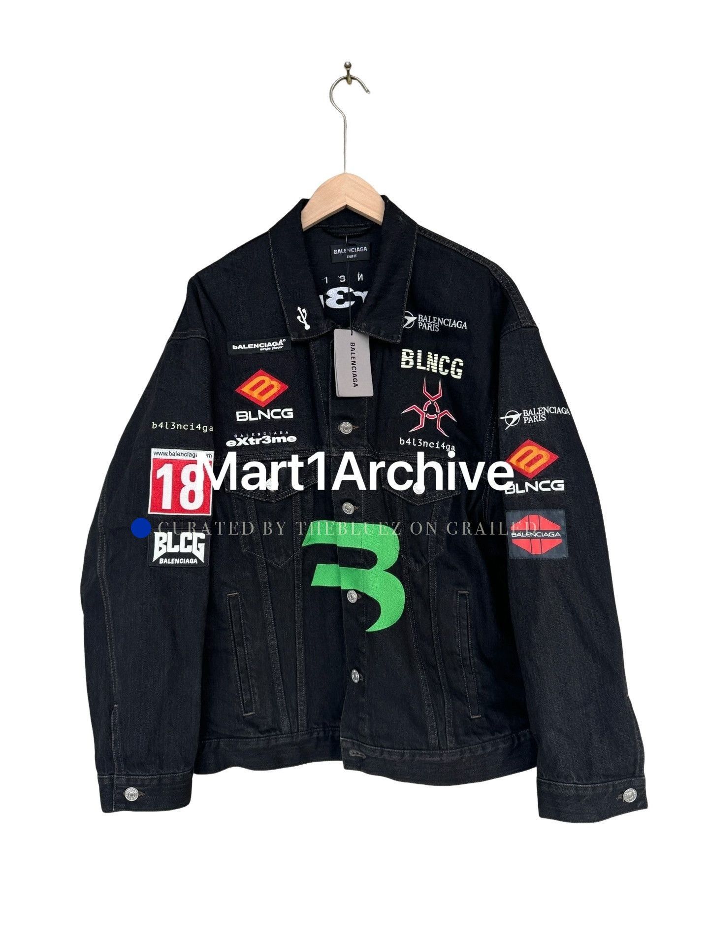 Balenciaga Black Denim Jacket with Patchwork and Green Logo Size US M / EU 48-50 / 2 - 1 Thumbnail