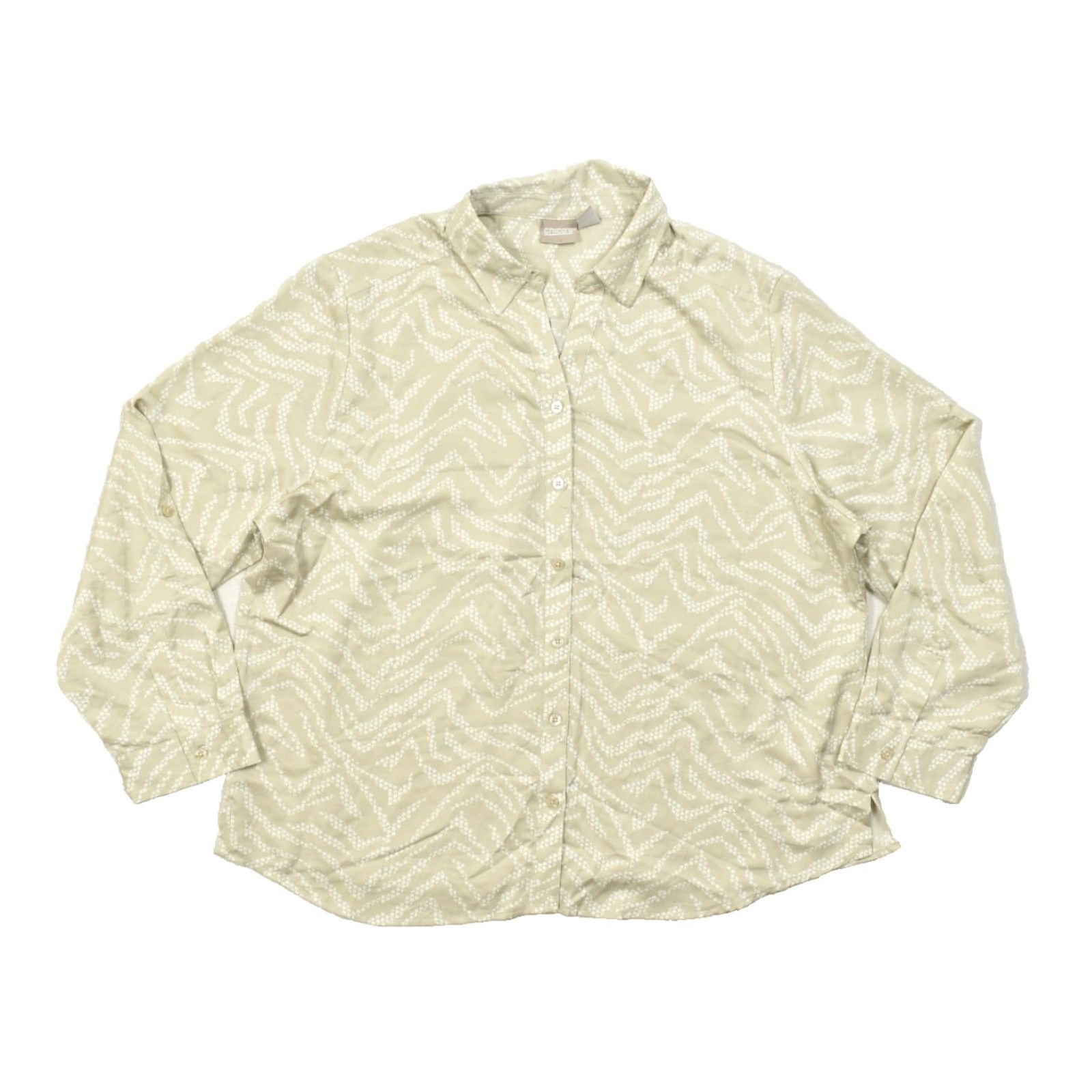 Vintage Chico's Shirt Button-Up Geometric Print Long Sleeve Polyester Women Size 3 Tan Brown Casual Spring Summer Fall Regular Size XS / US 0-2 / IT 36-38 - 2 Thumbnail