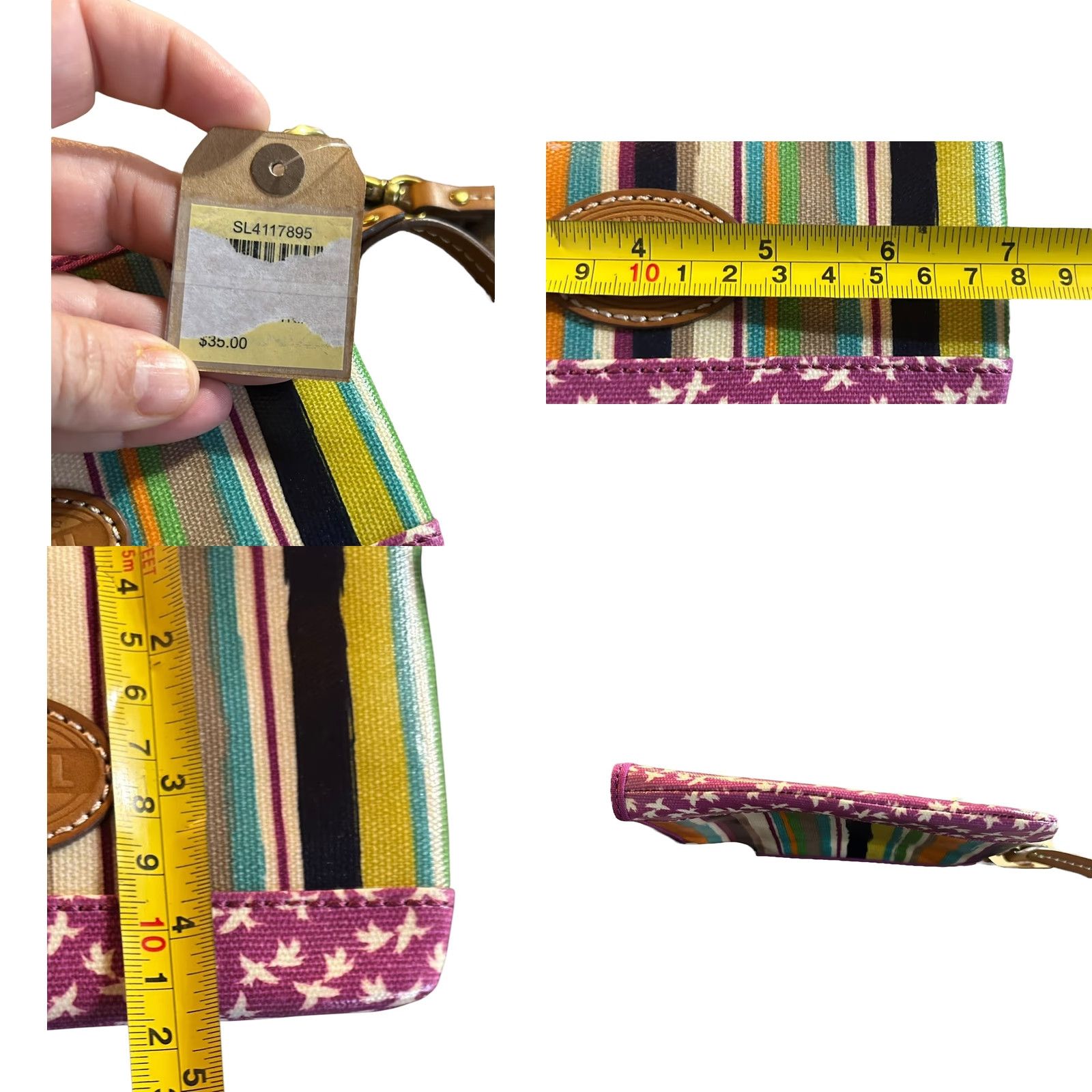 Fossil VINTAGE Fossil Purple Striped Birds Coated Canvas Leather Trim Wristlet Wallet Women NWT Size ONE SIZE - 8 Thumbnail