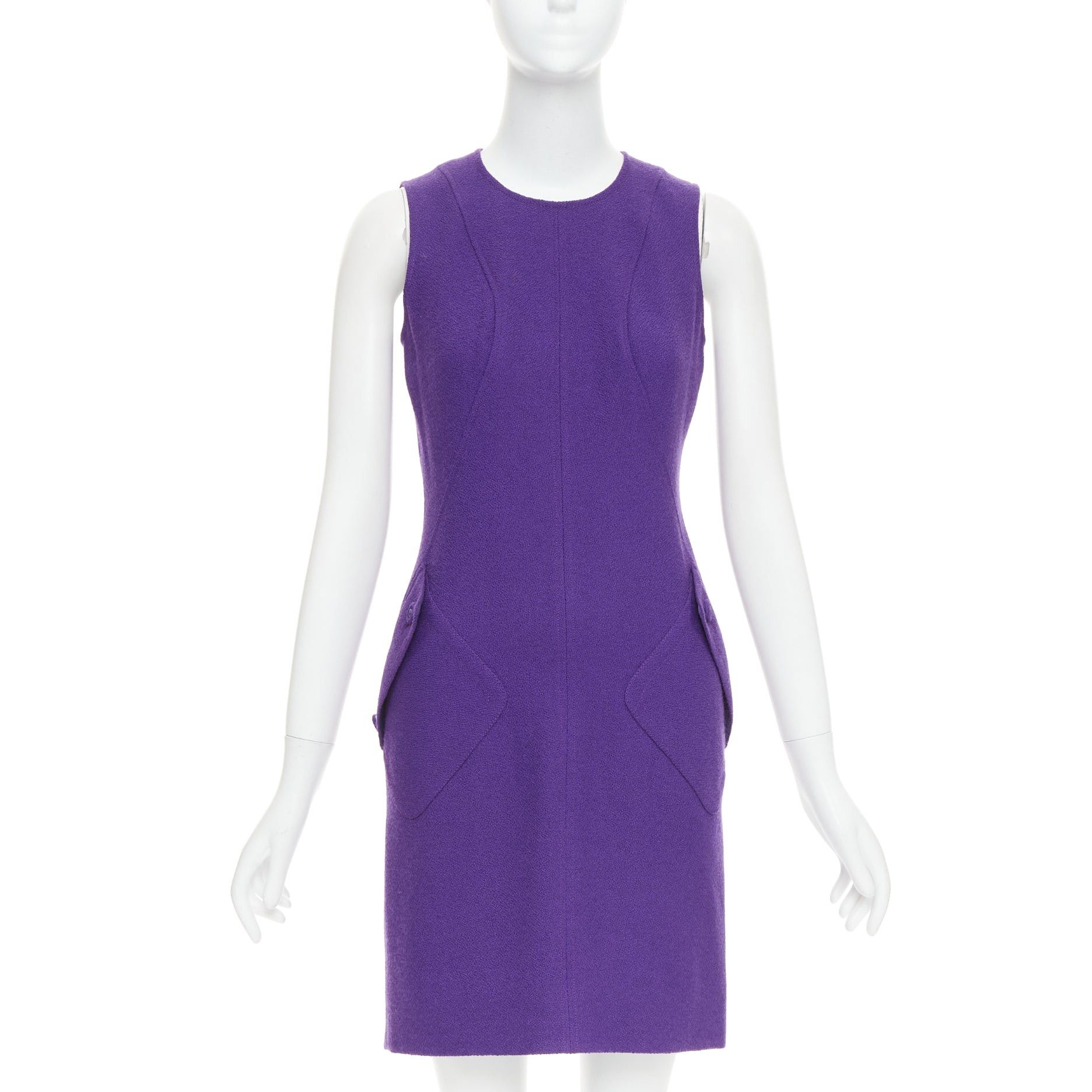 Versace VERSACE purple boucle wool Medusa button slant pocket dress IT38 XS Size XS / US 0-2 / IT 36-38 - 1 Thumbnail