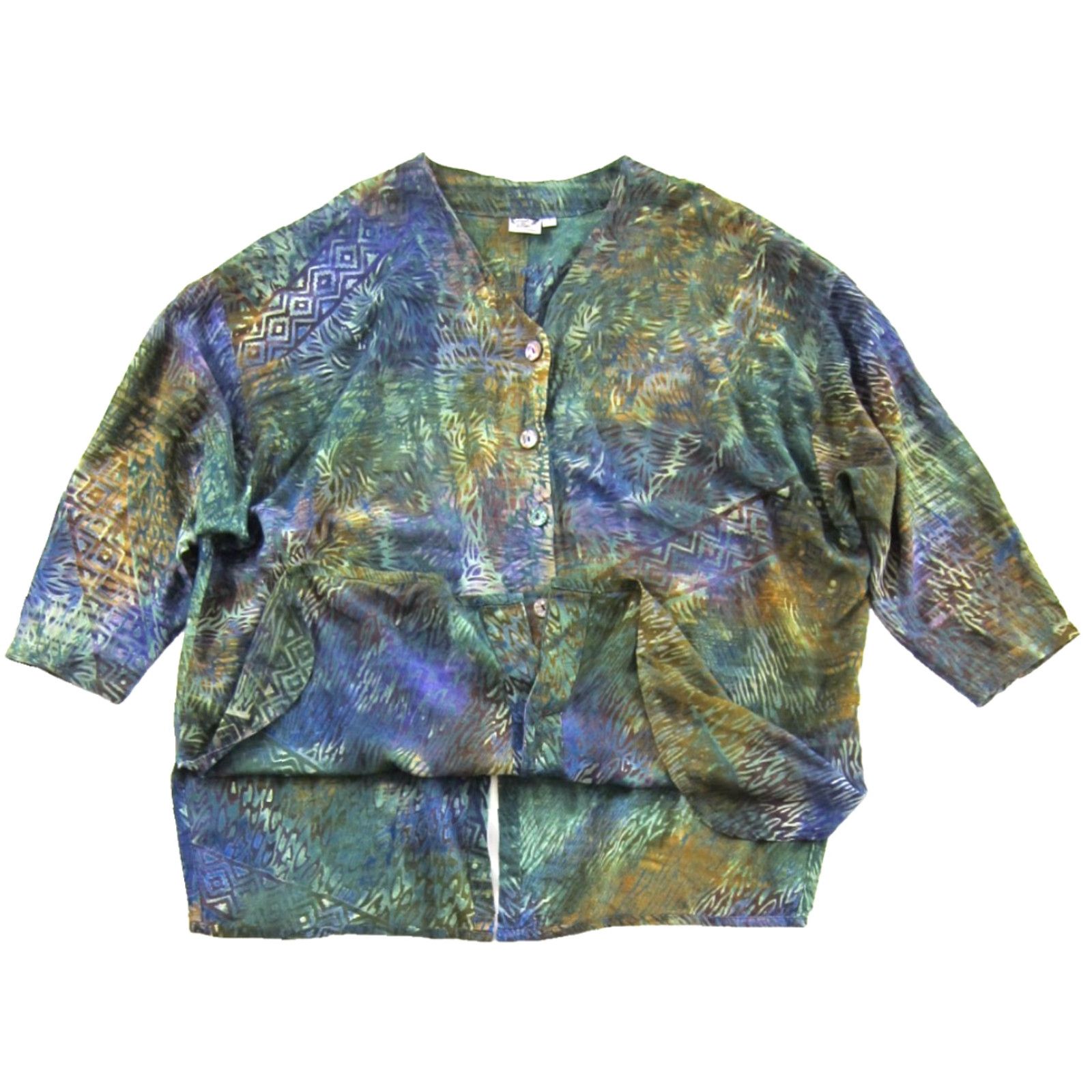 Vintage VTG Whats In Store Blouse 3/4 Sleeve Oversize Rayon Green Purple Brown Tie Dye L Womens Vintage 90s Size L / US 10 / IT 46 - 4 Thumbnail