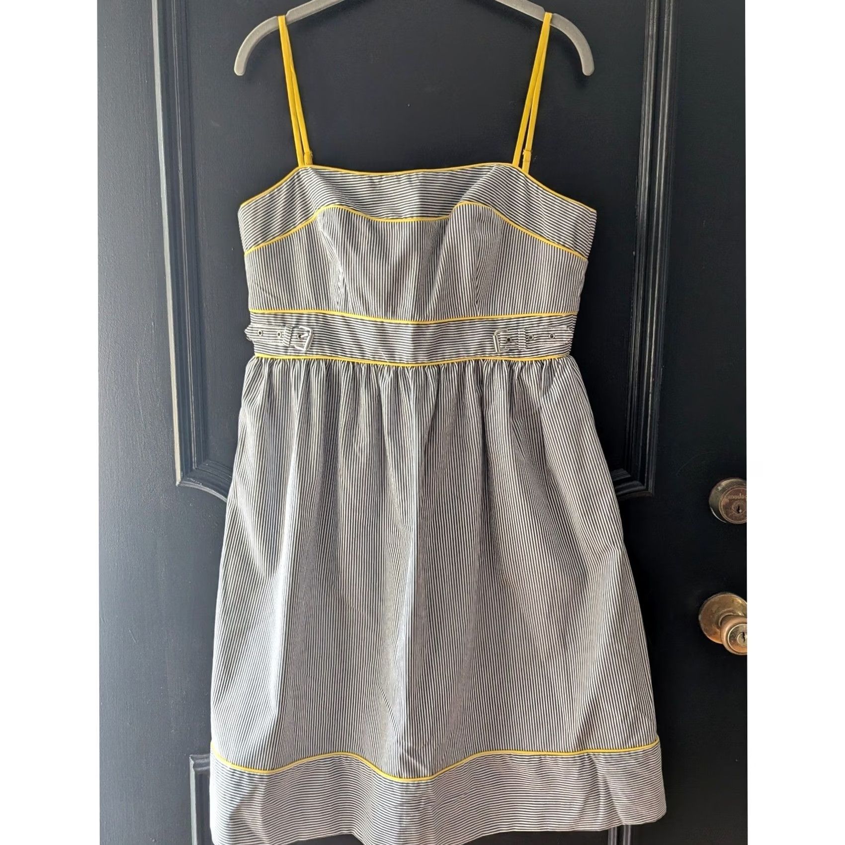 Vintage London Times Striped Dress Women 10 Midi Sleeveless Navy White Yellow Piping Buckle Fit & Flare Sundress Size L / US 10 / IT 46 - 2 Thumbnail