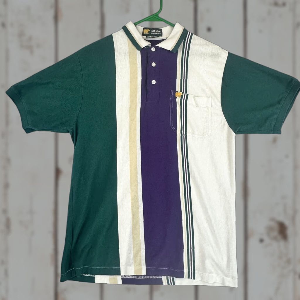 Golden Bear Vintage Golden Bear Polo Shirt Mens L Striped Pocket 90s Golf Casual Cotton Polyester Green Short Sleeve Collar Polo Shirt Mens Size US L / EU 52-54 / 3 - 1 Thumbnail