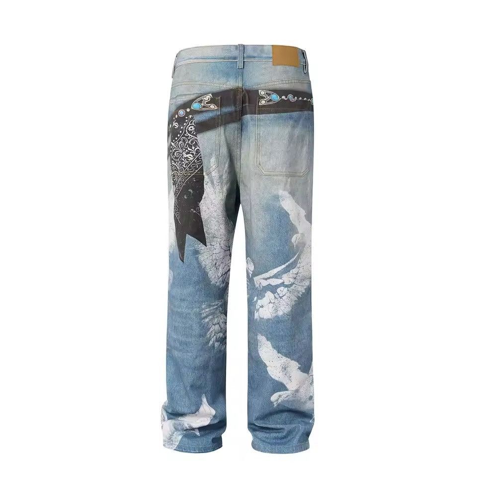 Jean Streetwear Baggy Loose Printed Washed Outdoor Jeans Pants Size US 31 - 3 Thumbnail
