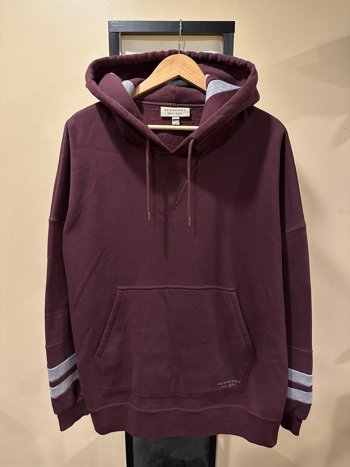 Burberry London England Wine Grey Striped Pullover Hoodie