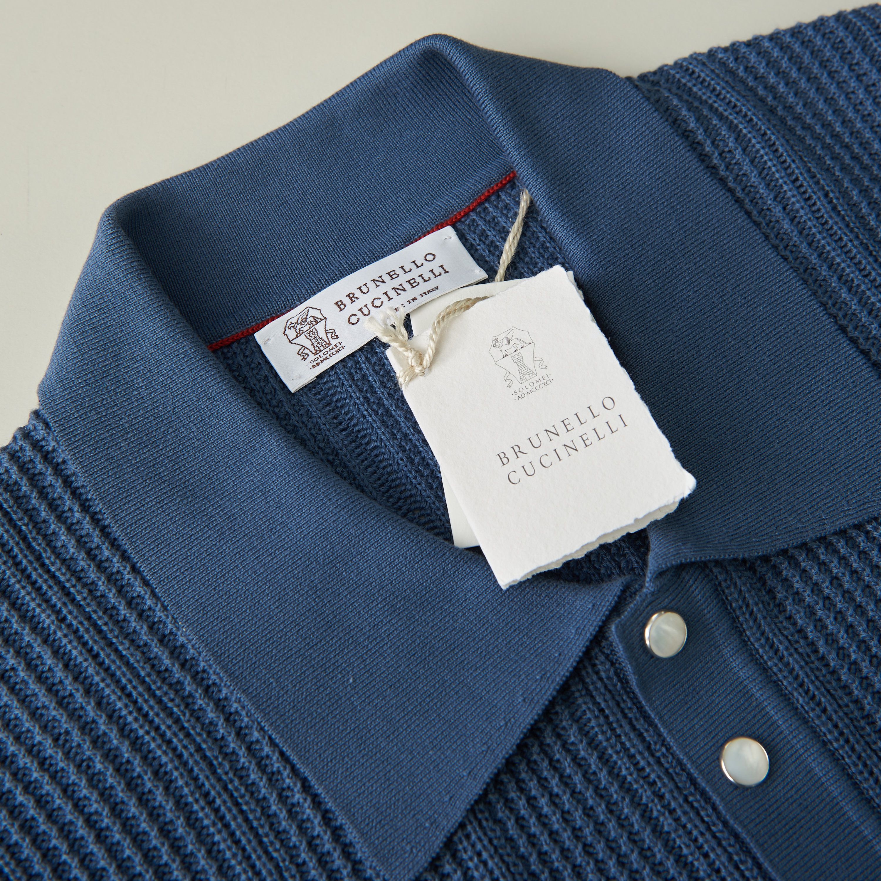 Brunello Cucinelli Textured Rib Knit Polo - Oxford Blue Cotton Size US XXL / EU 58 / 5 - 10 Thumbnail