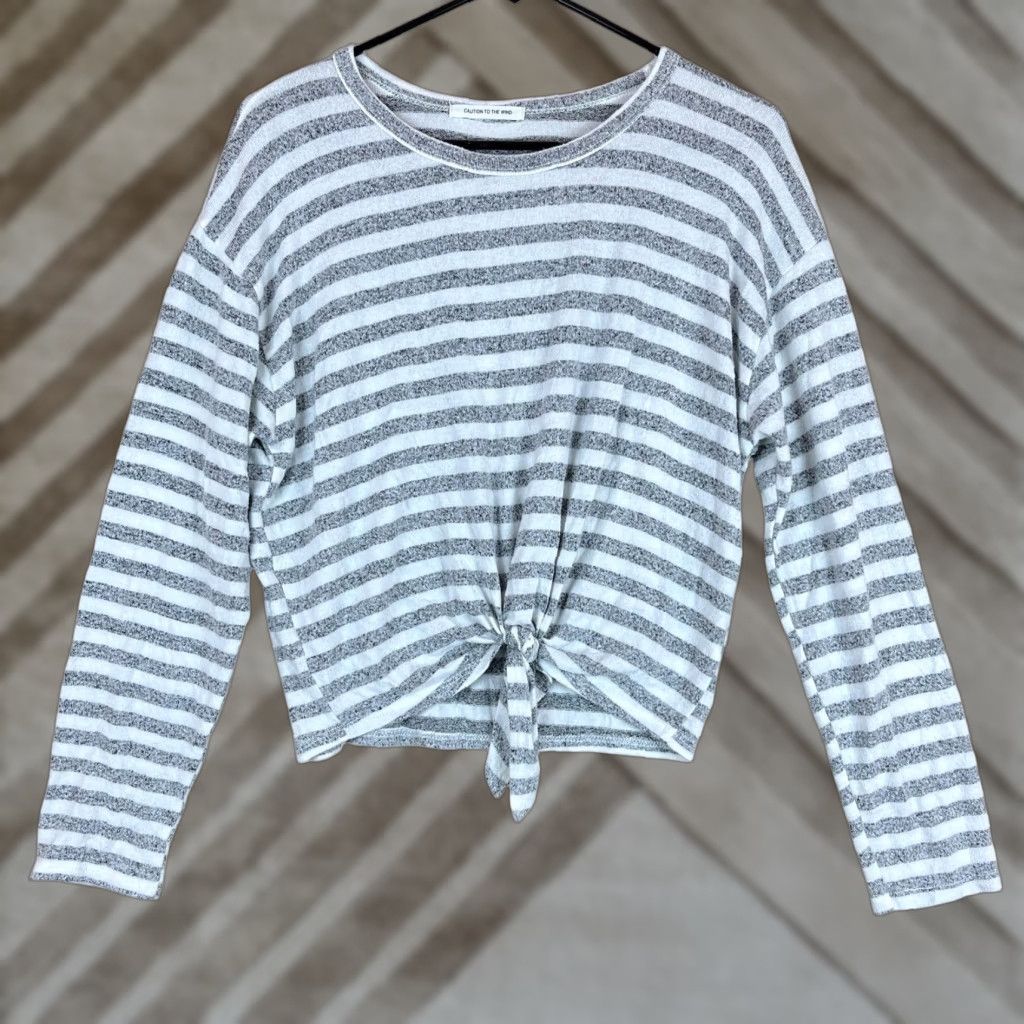 Vintage Caution To The Wind Womens Sweater Gray White Stripe Front Tie Lightweight M/L Shirt Size M / US 6-8 / IT 42-44 - 1 Thumbnail