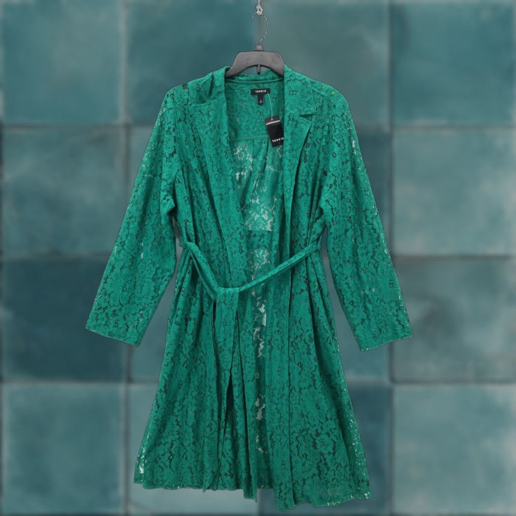 Torrid Torrid Lace Trench Jacket Womens 2X Green Long Sleeve Belted Open Front Sheer Coatigan Size XXL / US 16-18 / IT 52-54 - 1 Thumbnail