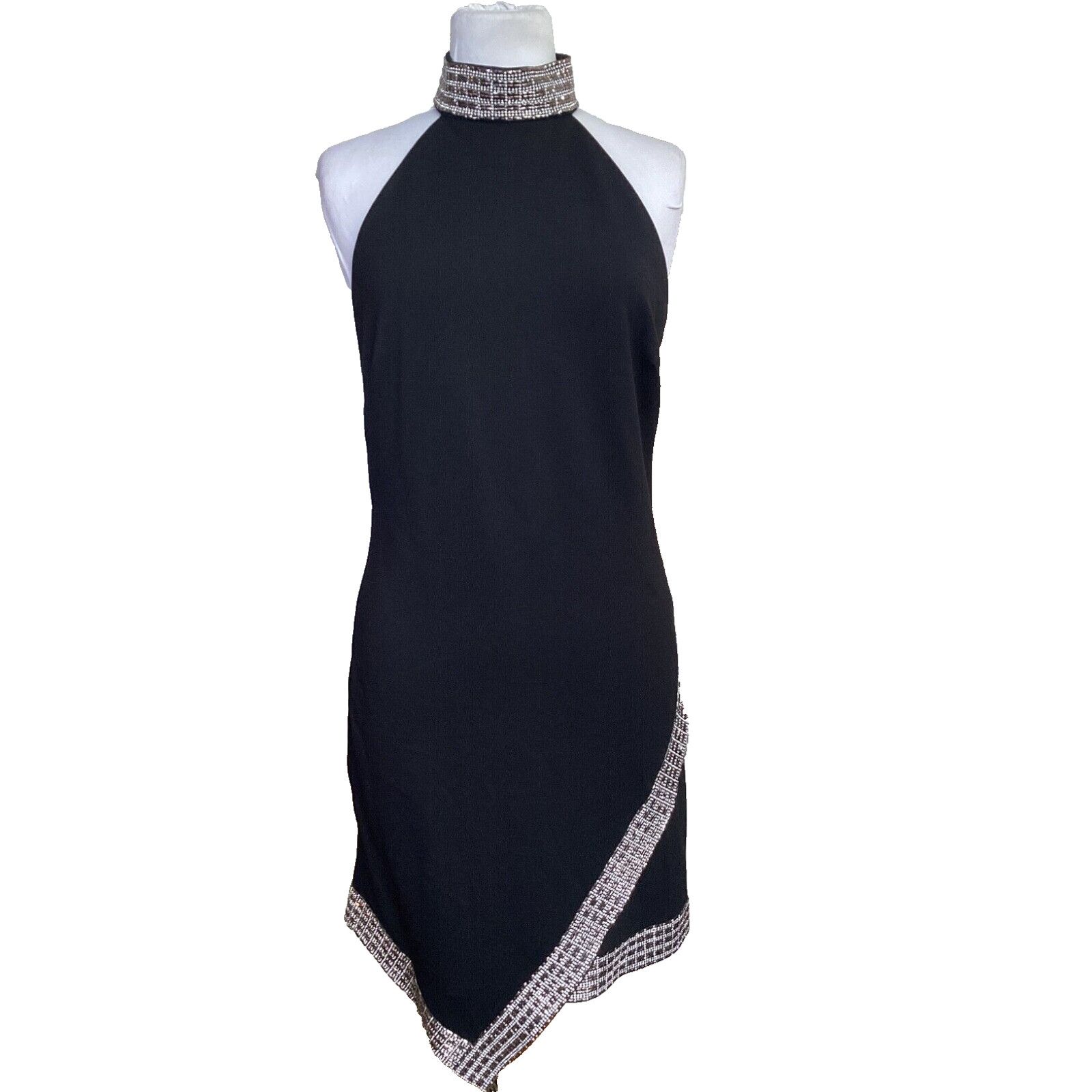 Bebe BEBE BLACK HALTER MINI DRESS RHINESTONE CHOKER JAGGED TRIM S Size S / US 4 / IT 40 - 2 Thumbnail